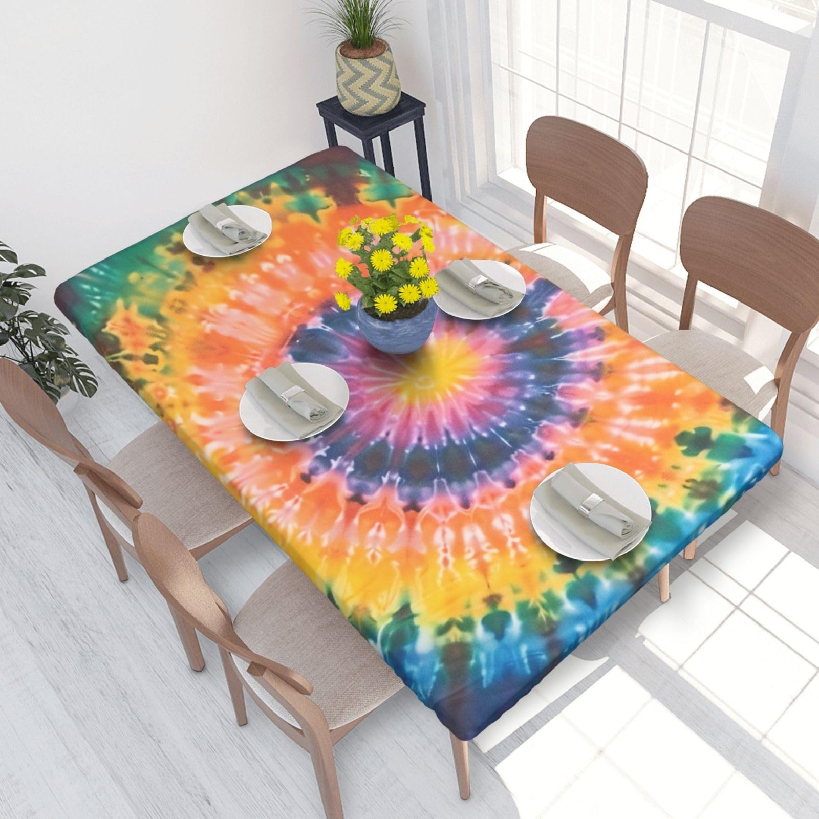 WPKJU Tie Dye Printed Tablecloths 4ft Rectangular Table Covers Washable Polyester Decorative Table Cloth for Dining Table Picnic Wedding