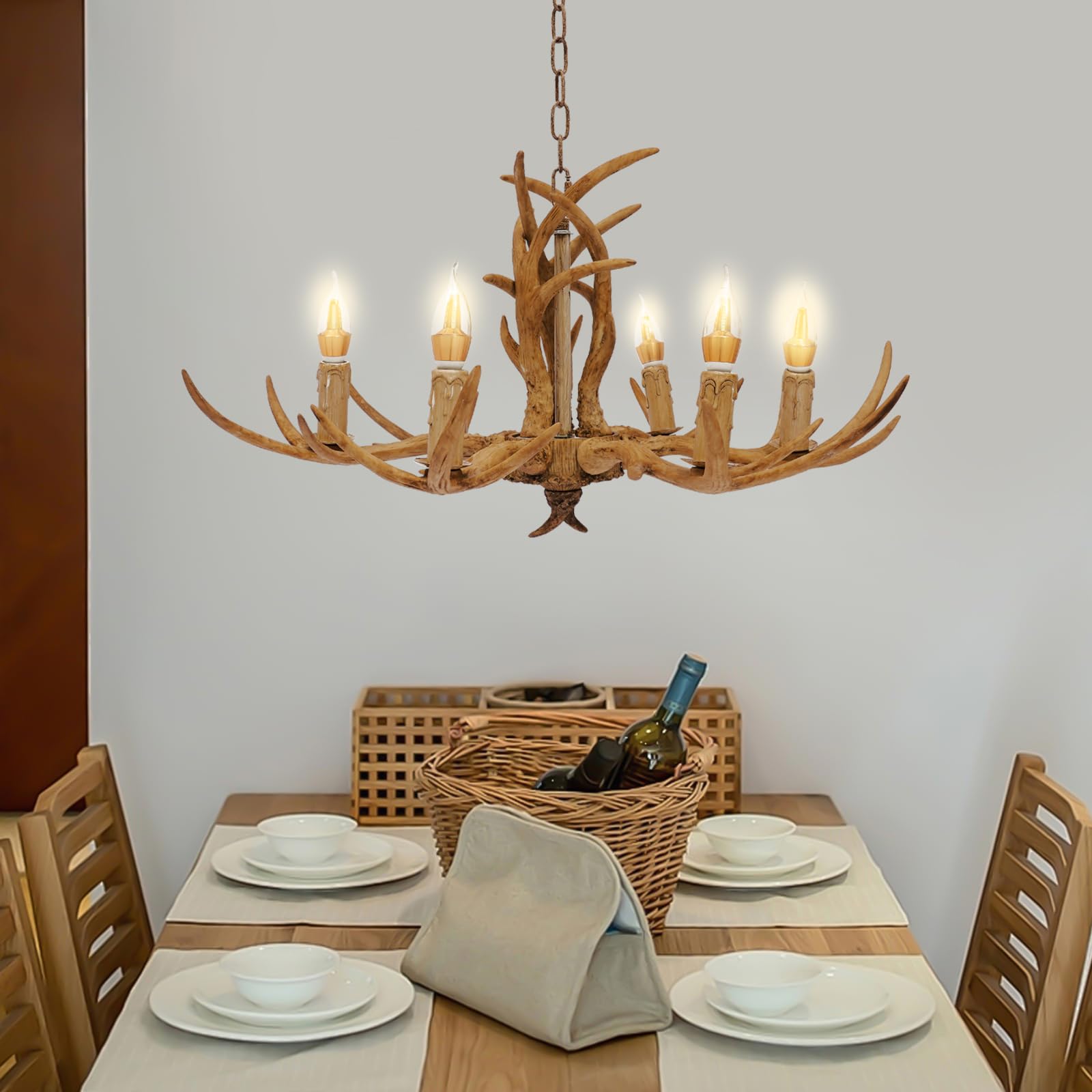 Retro Antler Chandelier with 6 x E14 Spiral Lamp Holder Large Deer Antler Chandelier Lighting Resin Antler Light Fixtures Vintage Resin Deer Ceiling Light Rustic Hanging Lights for Living Room/Bar