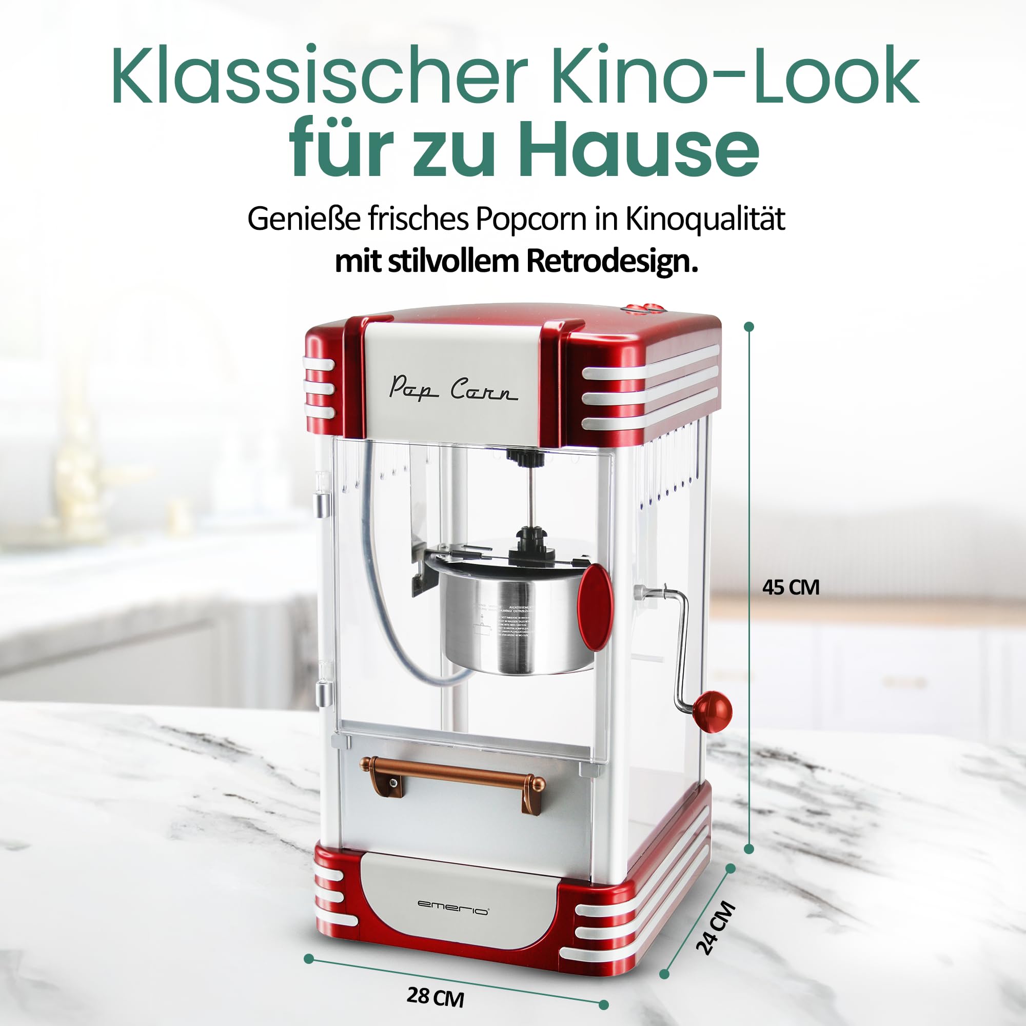 Emerio Popcornmaschine POM-120650, antihaftbeschichteter Behälter auch für süßes oder salziges Popcorn geeignet, 360 Watt, groß
