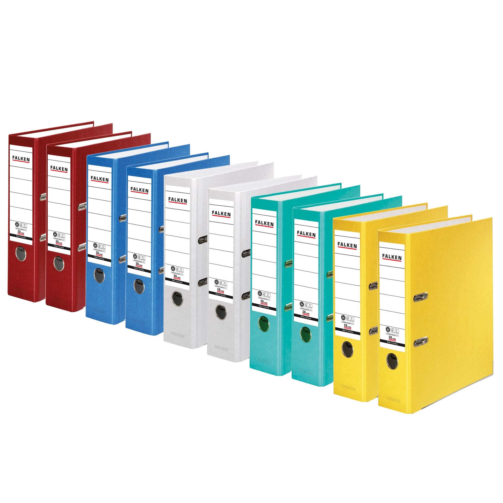 Falken - Confezione da 10 raccoglitori ecologici Recycolor, realizzati in Germania, rivestimento di carta colorato esterno 8 cm di larghezza, DIN A4, colori assortiti