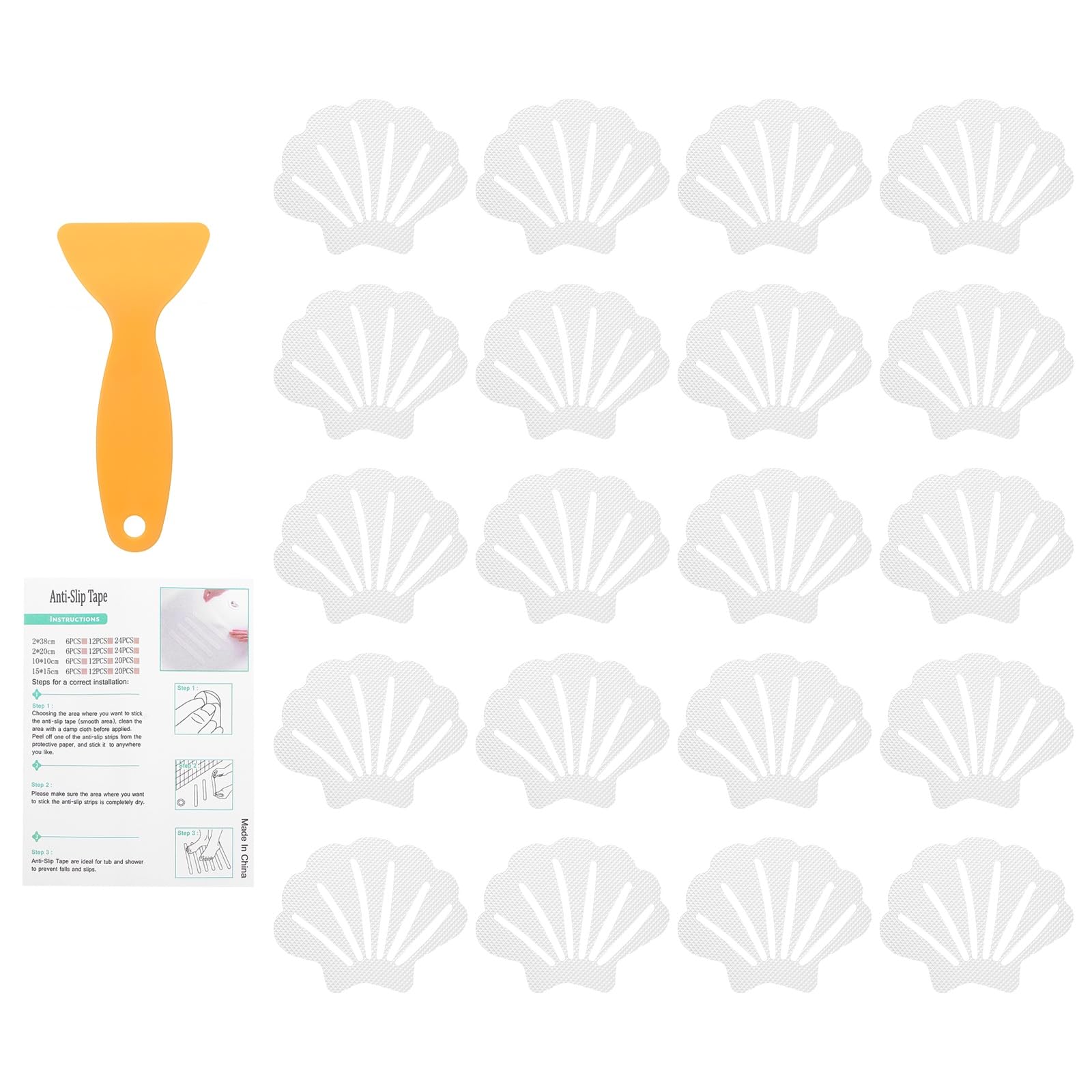 sourcing map 20Pcs Non-Slip Bathtub Stickers, 9x7 cm Shell Shape Shower Floor Non Slip Stickers with Scraper for Bathroom Shower Stairs Ladders, Clear — image 1