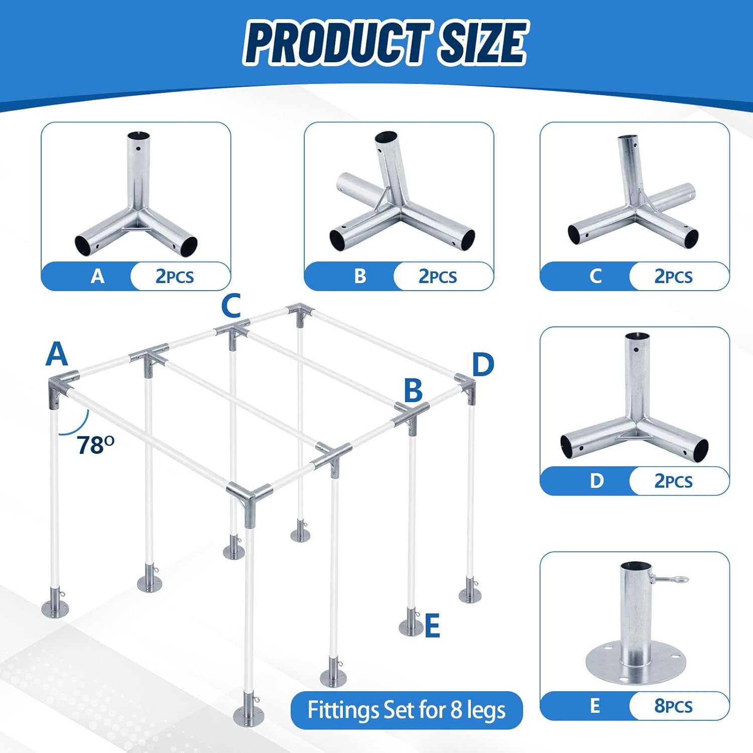 Frienda 8-Leg Lean-to Canopy Fittings for under 1-3/8" Pipes, 16 Pcs Lean to Carport Frame Connectors Kit DIY Project for Slant Roof Carport, Shed, Gazebo, Greenhouse, Shelter Deck, Pipes Not Included