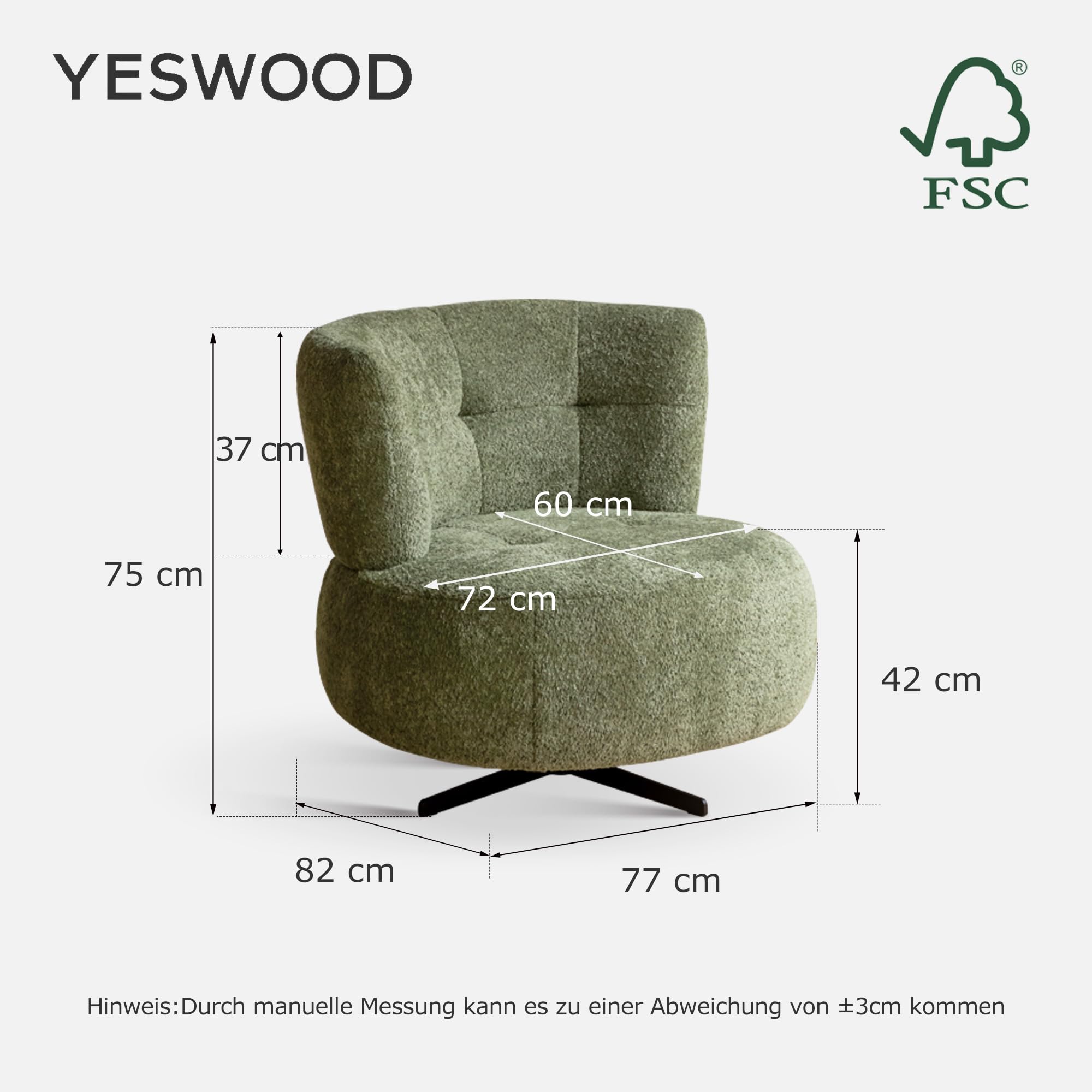 YESWOOD Einzel-Sessel - 360° drehbar, leicht & platzsparend, ideal für Wohnzimmer & Schlafzimmer, 82T x 77B x 75H cm, Bouclé-Stoff, Weihnachtsgrün