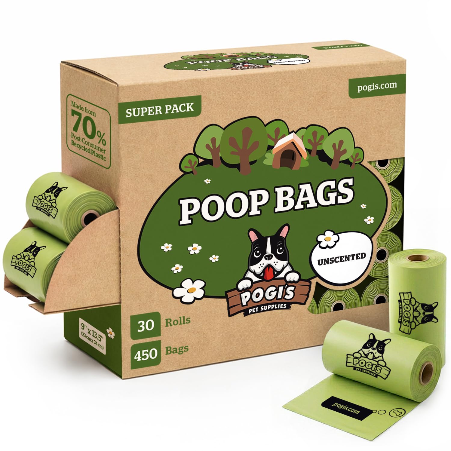 Pogi’s Dog Poop Bags – Leak-Proof & Extra Thick Pet Waste Bags (Unscented, 30 Rolls, 450-Count)