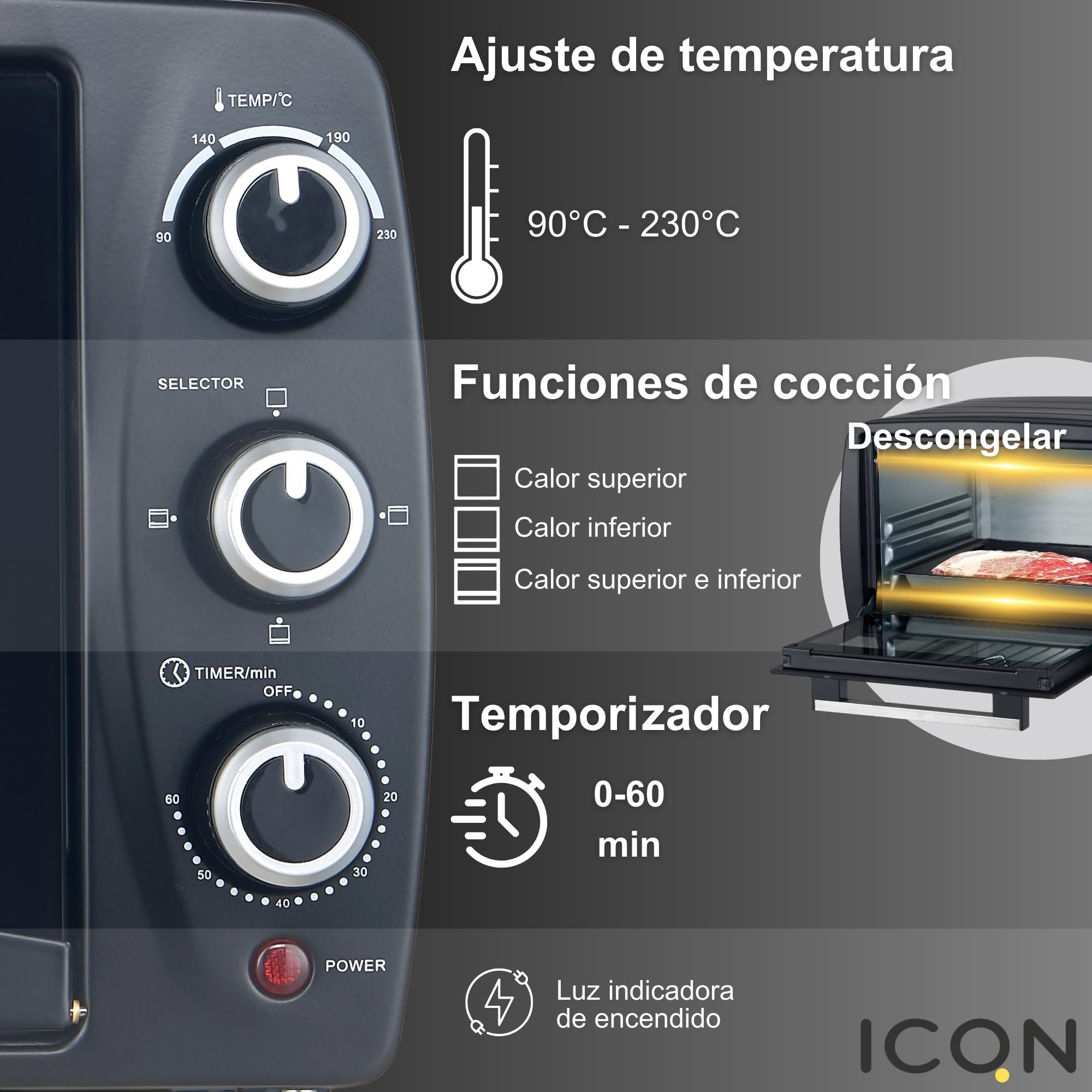 ICQN Mini Horno Eléctrico 15L Compacto, 1200W, 3 Funciones de Cocción, Temporizador 60 min, Termostato 90–230°C, Antracita