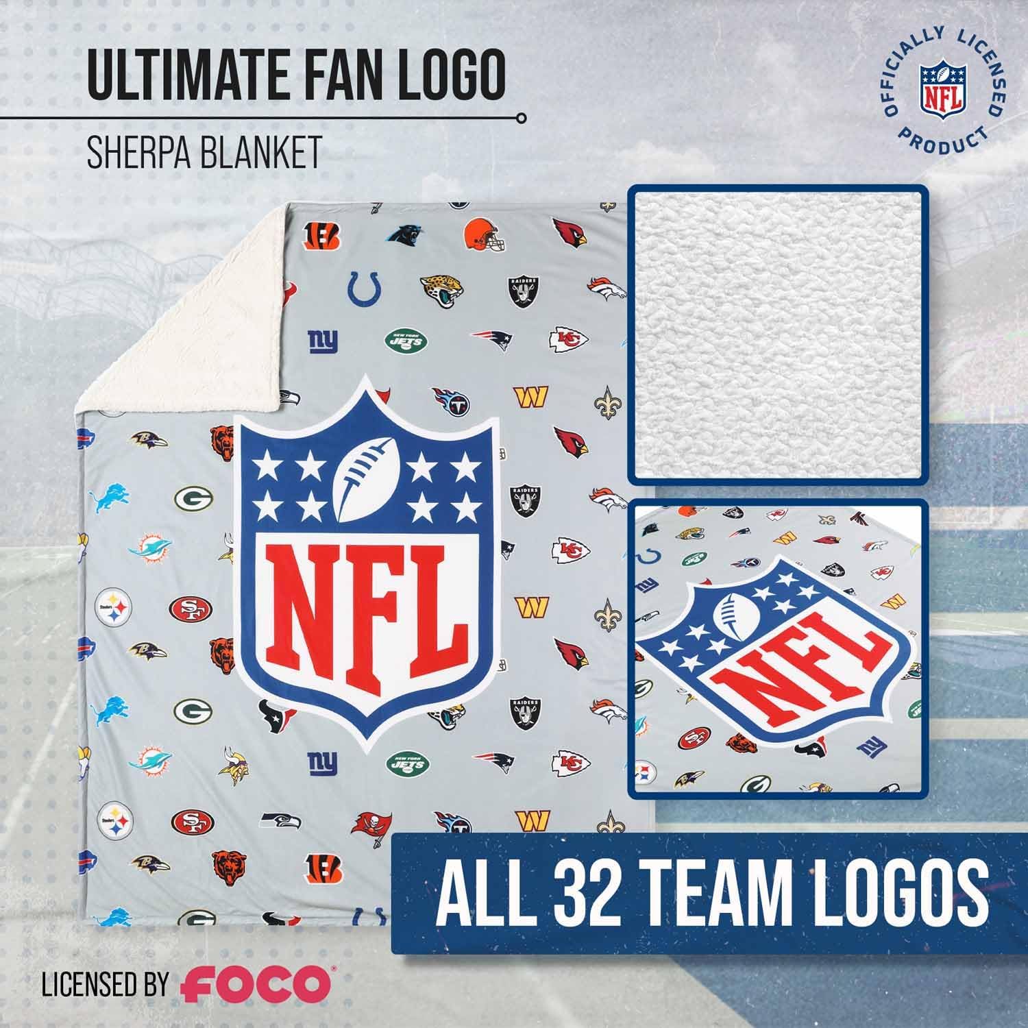 FOCO NFL Ultimate Football Fan All Team Logo Sherpa Blanket - 50"x60" - Soft Warm Cozy - Officially Licensed (NFL - Team Color)