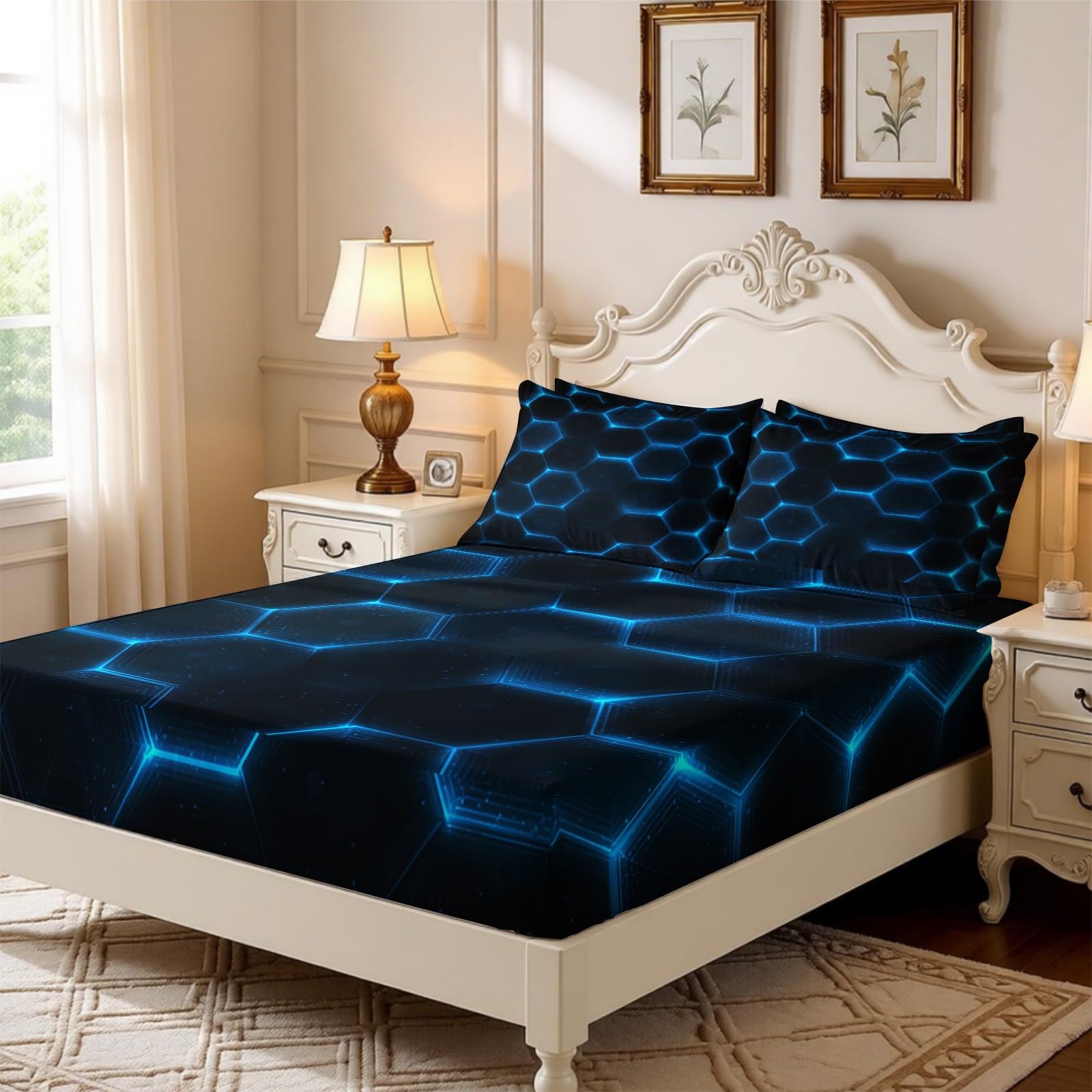 Lenzuolo con Angoli 180 x 200 cm Microfibra Motivo astratto a nido d'ape Lenzuolo Sotto Elasticizzato Profondo 25 cm blu per Letto Singolo e Matrimoniale
