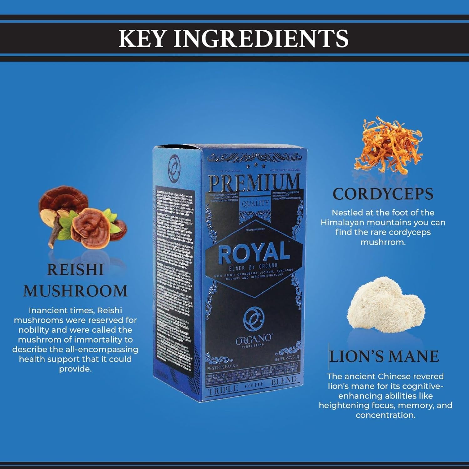 2 Boxes ORGANO Royal Black Medium Dark Roast Instant coffee. Infused with Triple Mushroom Blend, Ganoderma, Cordyceps and Lion's Mane. Aromatic and flavorful Ground Coffee Beans (50 Sachets)