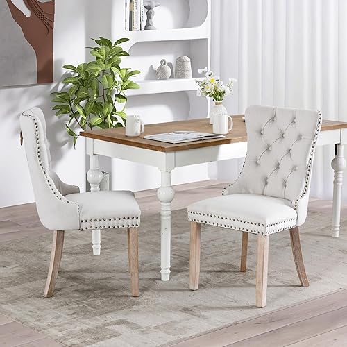 Miniatura 3 de SoarFlash Juego de 2 sillas de comedor de tela de lino, sillas de comedor tapizadas con ribete de cabeza de clavo y patas de madera de color claro