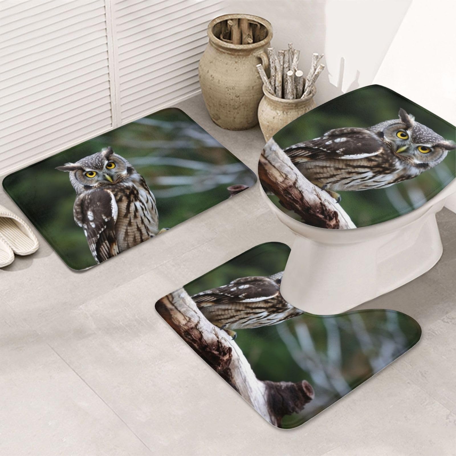 Tapis de bain antidérapants hiboux pour abattant toilettes OUSIKA ambiance nature