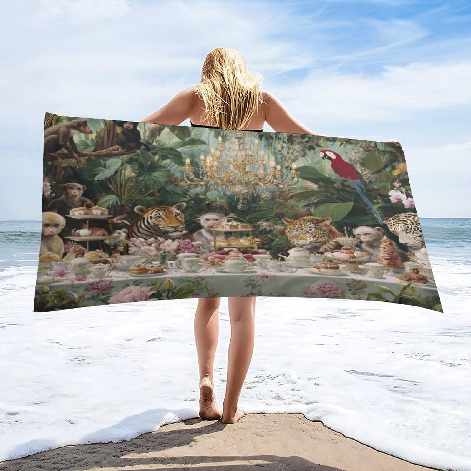 LUYYSKY Funny Watercolor Zebra Parrot Absorbent Beach Towel, Mid Century Tropical Animal Tiger Leopard Monkey Palm Tree Outdoor Single-Sided Velvet Beach Towel-80 W cm x 160" L cm