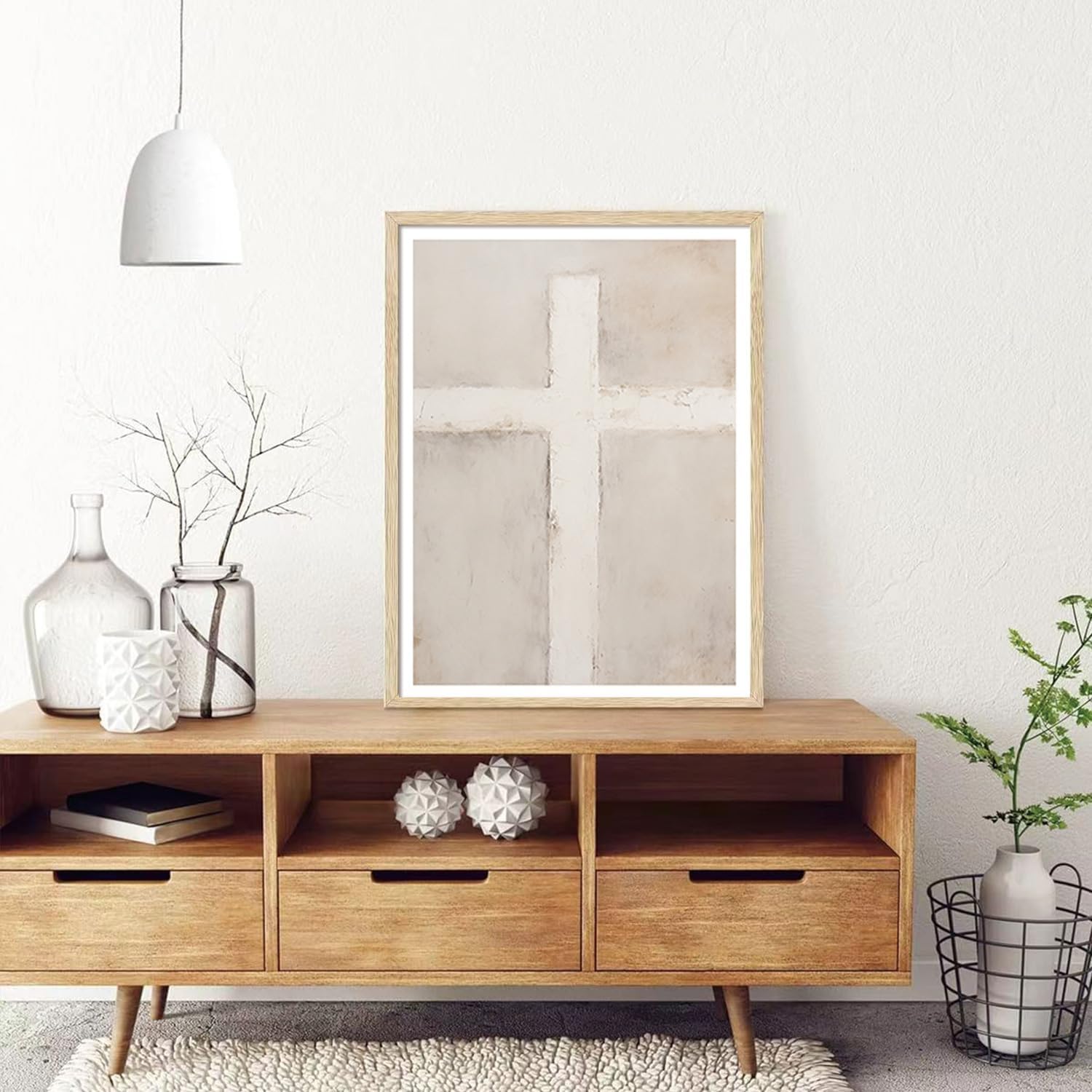 KISSFOX Jesus OAK Wood Framed Wall Art Decor Christian Cross Pictures Paintings Wall Decor Modern Boho Religious Canvas Art Prints Sketch Inspirational Faith Artwork For Bedroom Living Room