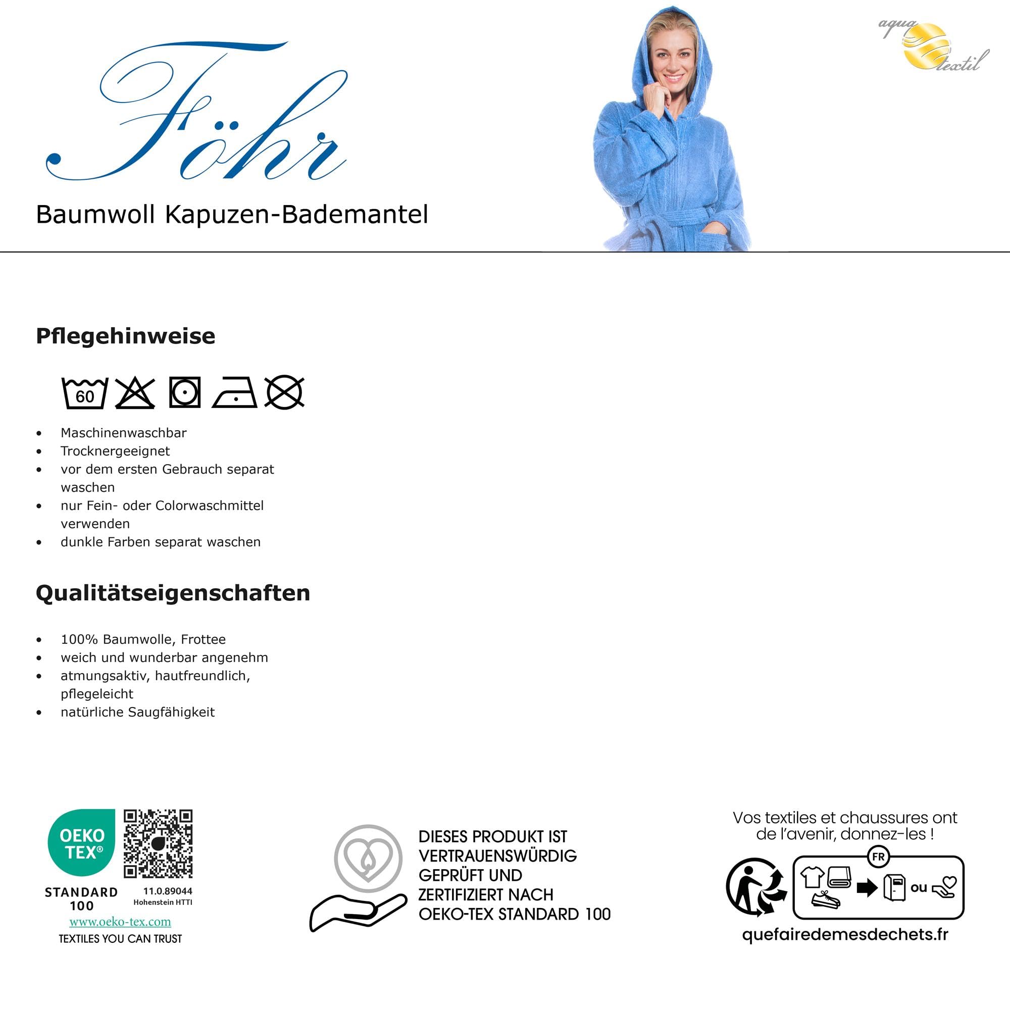 aqua-textil XS-XXXL Bademantel Kapuze Uni lang aufgesetzte Taschen Damen Herren Unisex warm Frottee Baumwolle OEKO-TEX Föhr