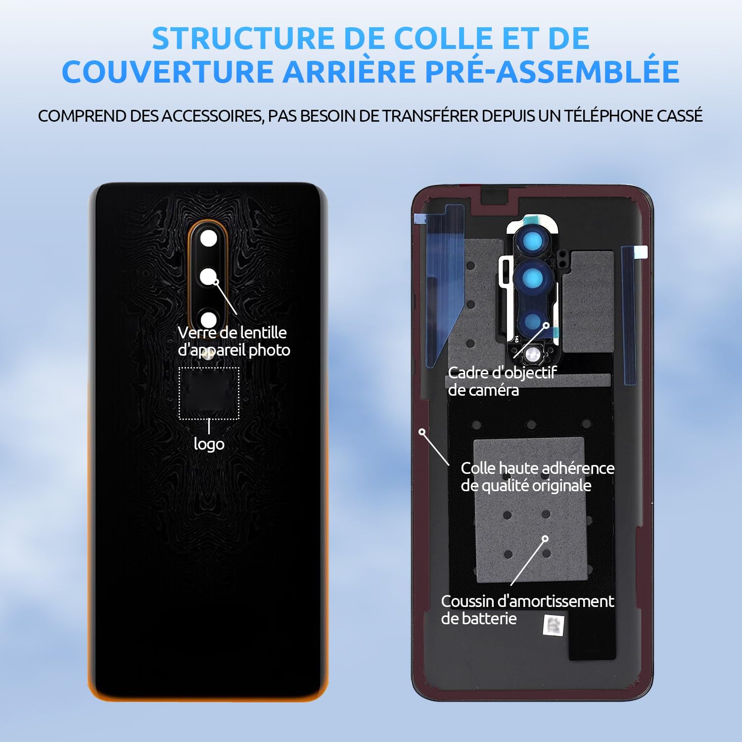 Vitre Arrière De Remplacement Pour OnePlus 7 - Noir, Avec Lentille Caméra Et Kit Outils, Adhésif Préinstallé