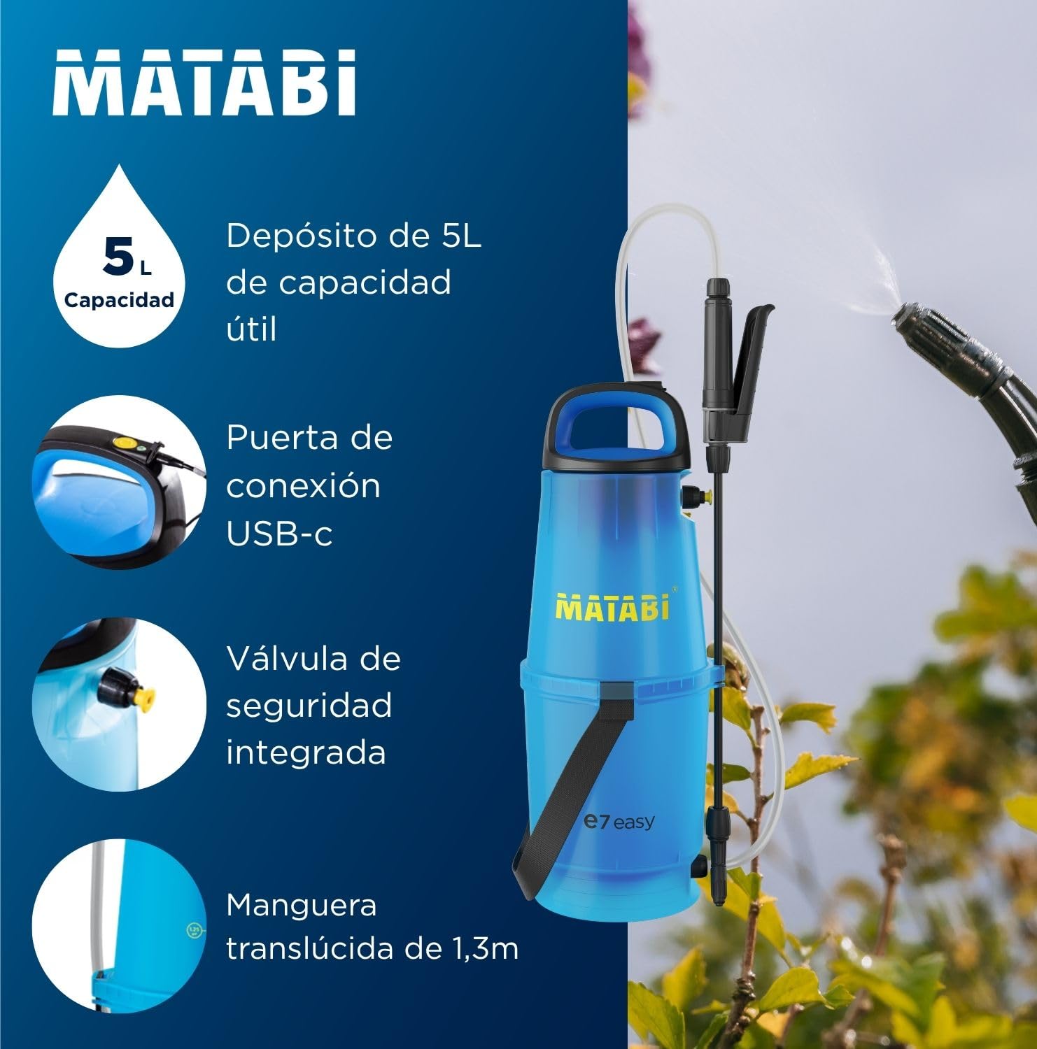 Matabi e7 Easy - Pulverizador Eléctrico para Jardín y Huerto - Batería Li-Ion USB-C - Autonomía 20L - Sistema Seguro - Correas Ajustables - Tanque Translúcido - Fácil de Usar - Hecho en España