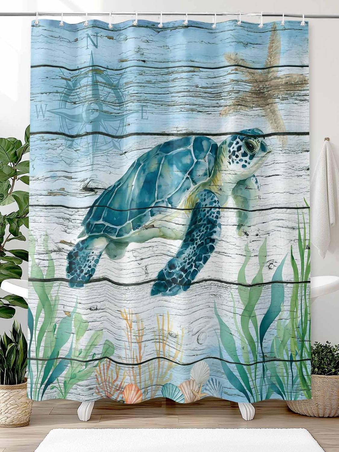Shower Curtain for Bathroom Underwater Sea Turtle Seaweed Waterproof Bath Curtains Grommet Shower Curtains with Hooks for Bathtubs Toilet Decor 72×84in Compass Starfish on Wood Plank