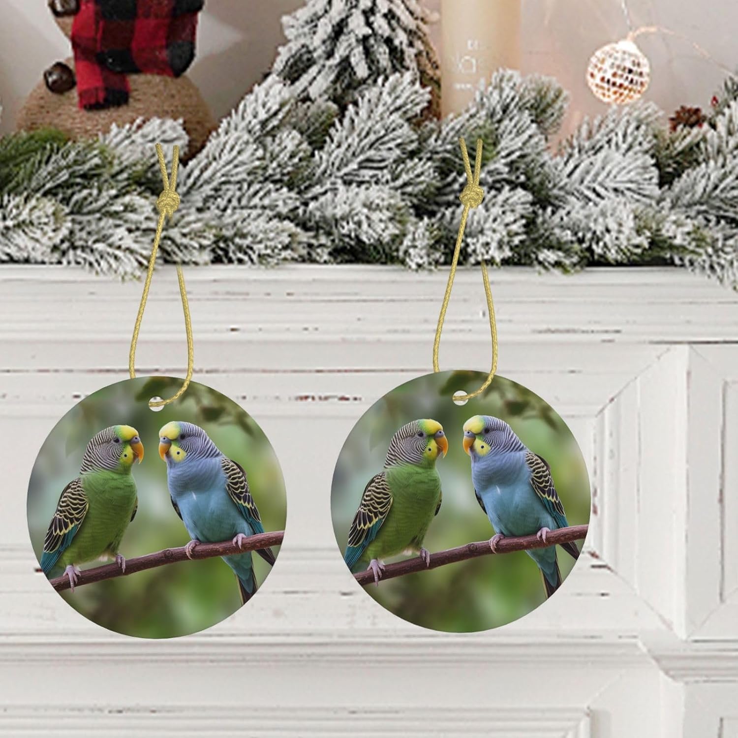 Christmas Ornaments Christmas Tree Ceramic Hanging with Golden Rope Round Hanging Pendant Blue and Green Parakeets Ornaments Crafts Christmas Tree Decorations Personalized Gift for Holiday Party