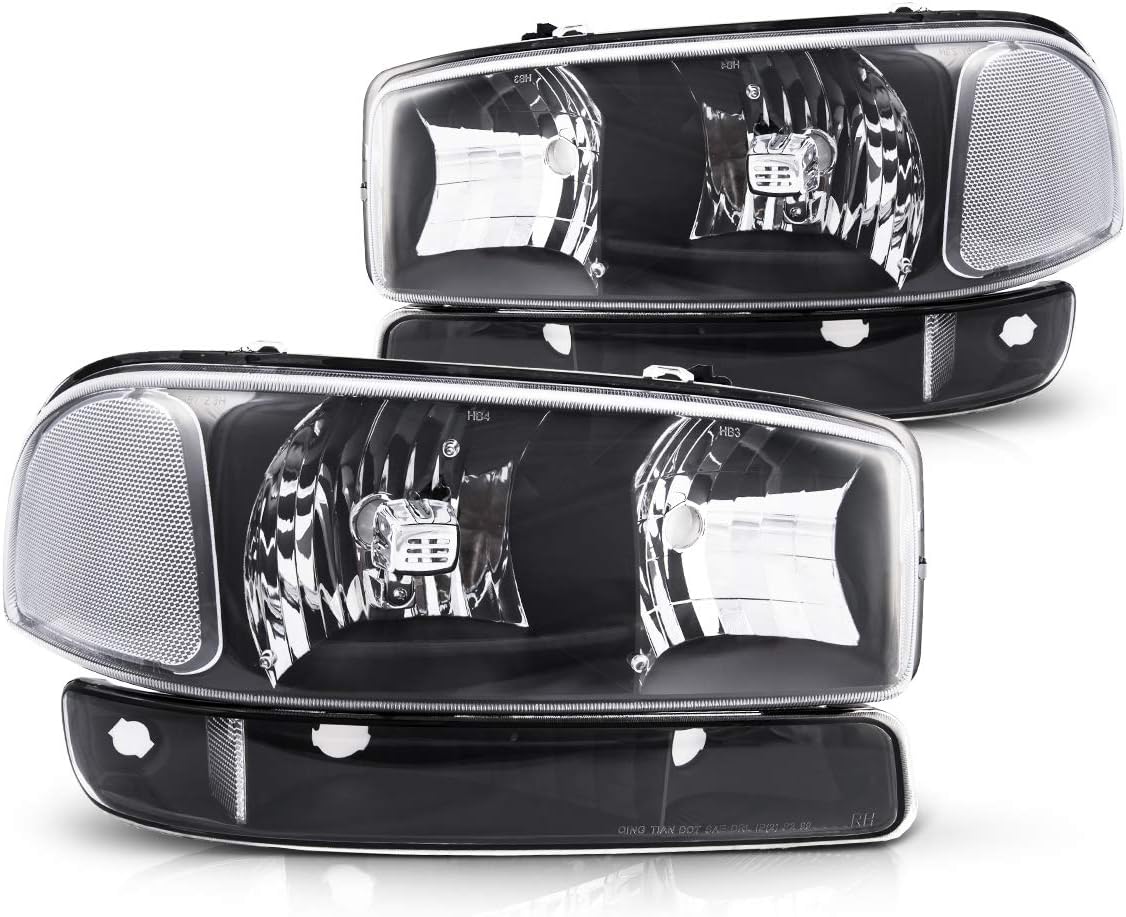 Torchbeam Black Housing Headlight Assembly+Bumper Light Lamp Replacement for 2006(1999-2007) Sierra Yukon 2500 1500 Clear Corner Headlamp Clear Lens with Driver and Passenger Side 4PCS