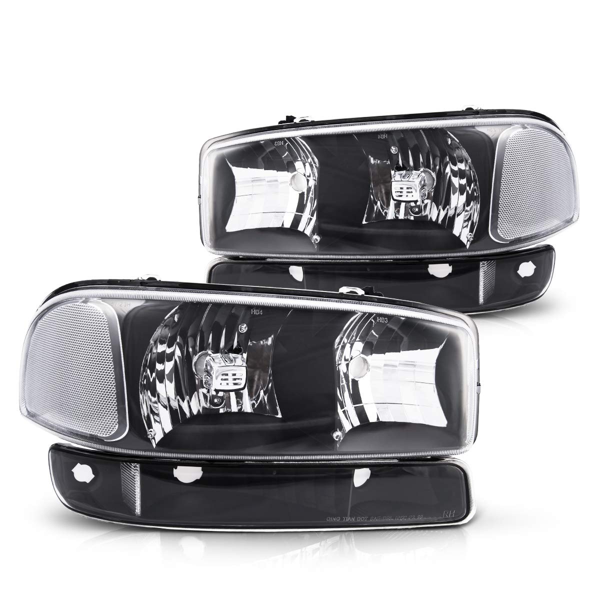 Torchbeam Black Housing Headlight Assembly+Bumper Light Lamp Replacement for 2006(1999-2007) Sierra Yukon 2500 1500 Clear Corner Headlamp Clear Lens with Driver and Passenger Side 4PCS