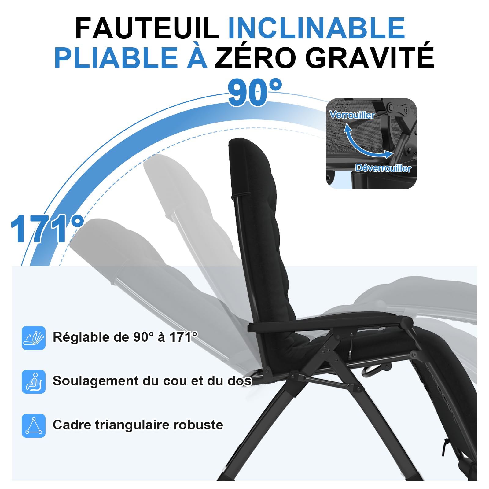 Génération2 Chaise Longue, Fauteuil Pliant, Relax Jardin Extérieur, pour Jardin, Plage et Piscine, Charge 200KG, Dossier Réglable, Oreiller et Coussin Amovibles (Noir, 72cm)