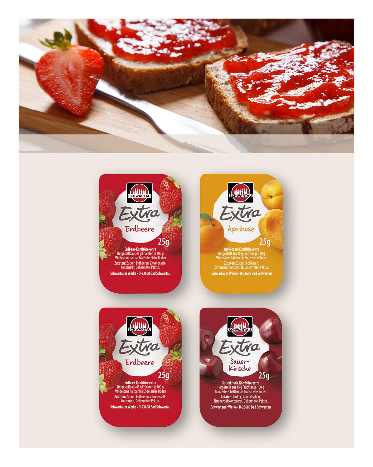 Schwartau Extra Portionen Mix-Box, Konfitüre Portionsschalen (50 x Erdbeere, 25 x Aprikose, 25 x Sauerkirsche), Großpackung, 100 x 25g