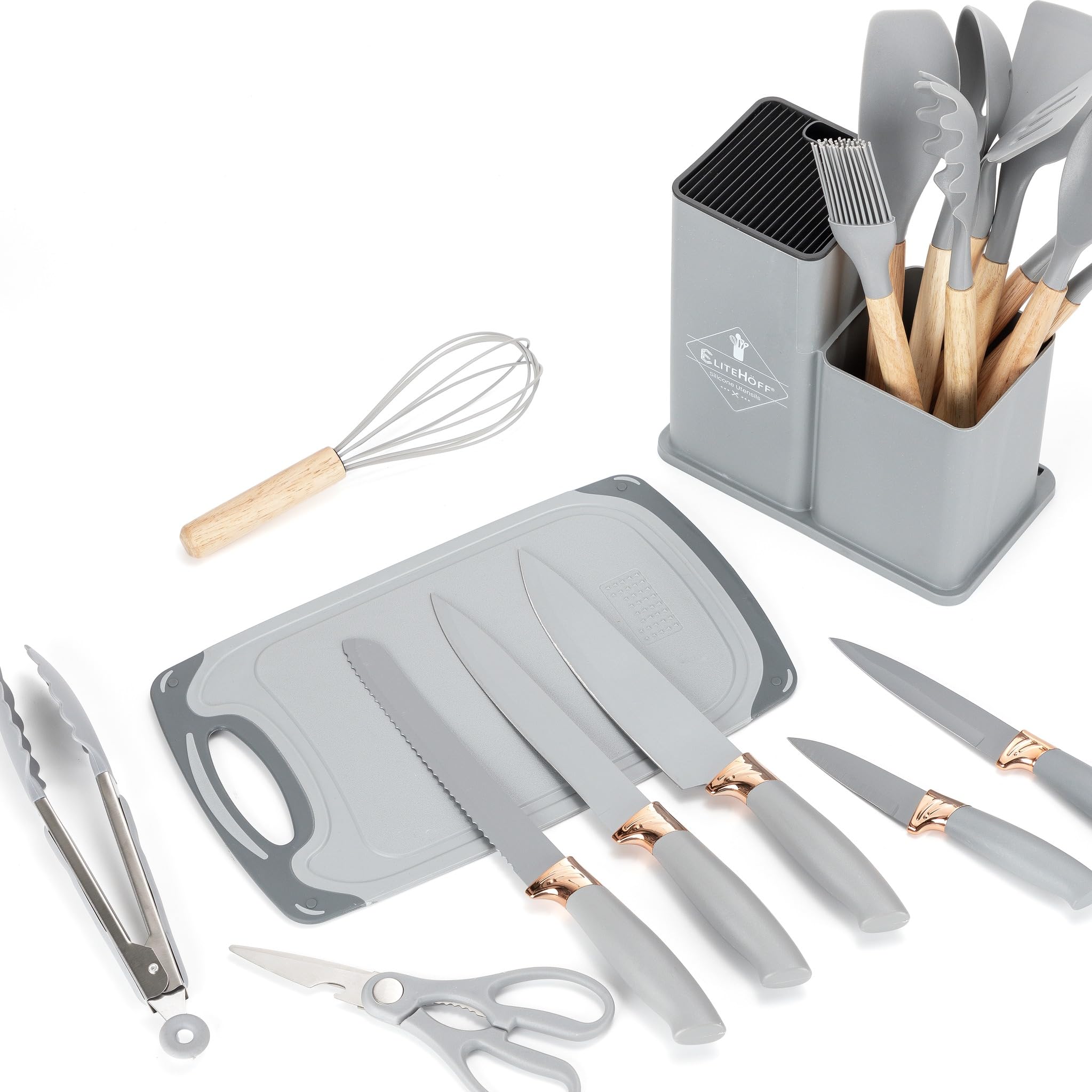 EliteHoff Juego de cuchillos de cocina de 19 piezas - Utensilios de silicona con mangos de madera, 5 cuchillos, 12 accesorios de cocina, tabla de cortar y soporte, sin PFOA, apto para lavavajillas (E