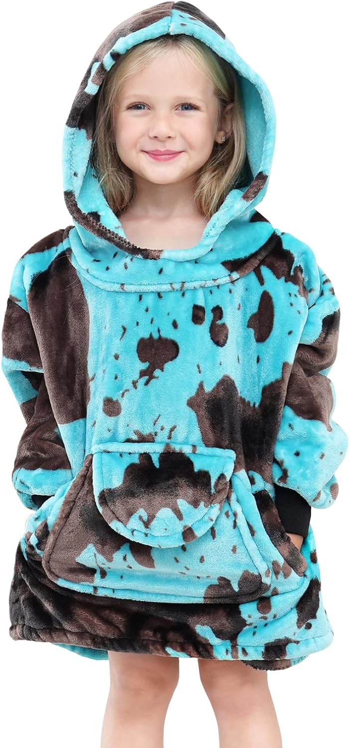 cow print Turquoise Wearable Blanket Hoodies for Kids Gifts for 2-5 Year Old Boys Girls, Soft Fleece Teal Blue Sweatshirt Blanket with Pocket