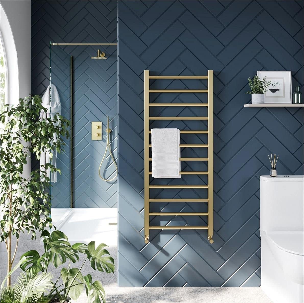 800 x 500mm Towel Rail Radiator | Brushed Brass Finish | Straight Heated Bathroom Towel Rail Radiator | 8 Bars Round