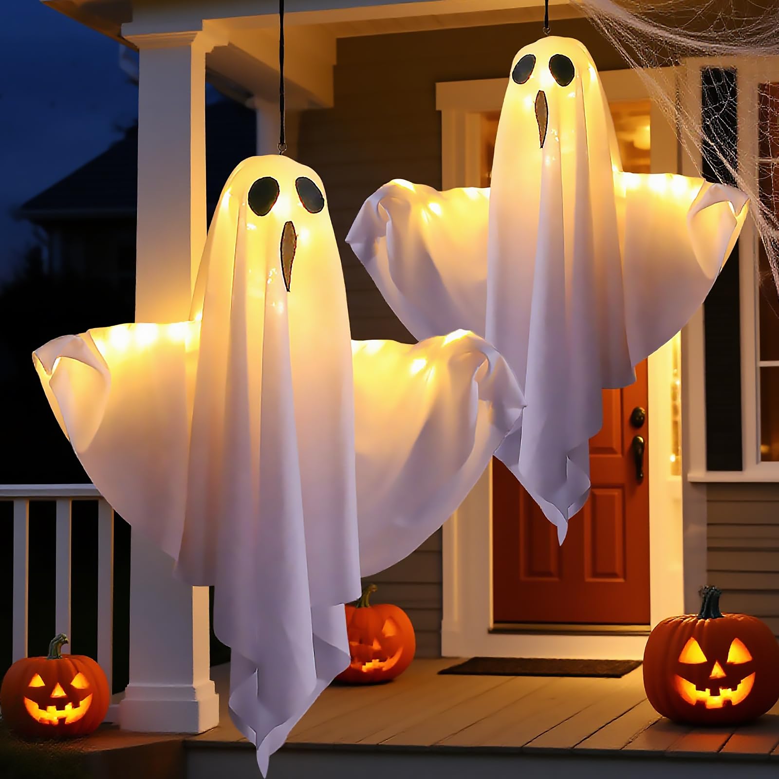 Decoración de Halloween con espíritus LED [Set de 2] - Saco de viento espeluznante móvil con 3 modos de luz LED, decoración para interiores y exteriores de jardín, ventanas, patio, porche