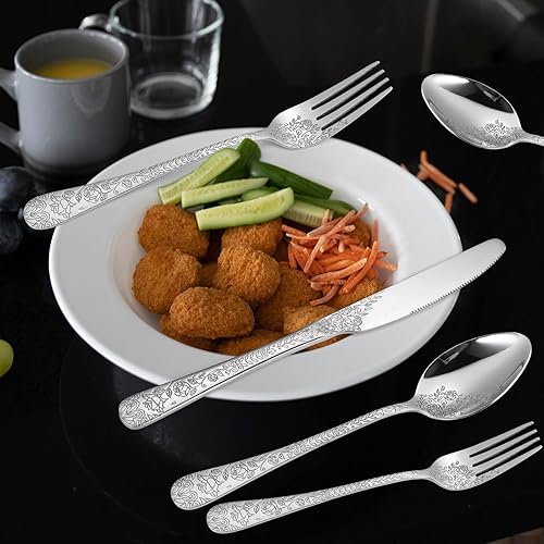 Miniatura 3 de Juego de 6 cubiertos florales de acero inoxidable con delicado diseño grabado de rosas en relieve, cubiertos completos de 30 piezas para utensilios
