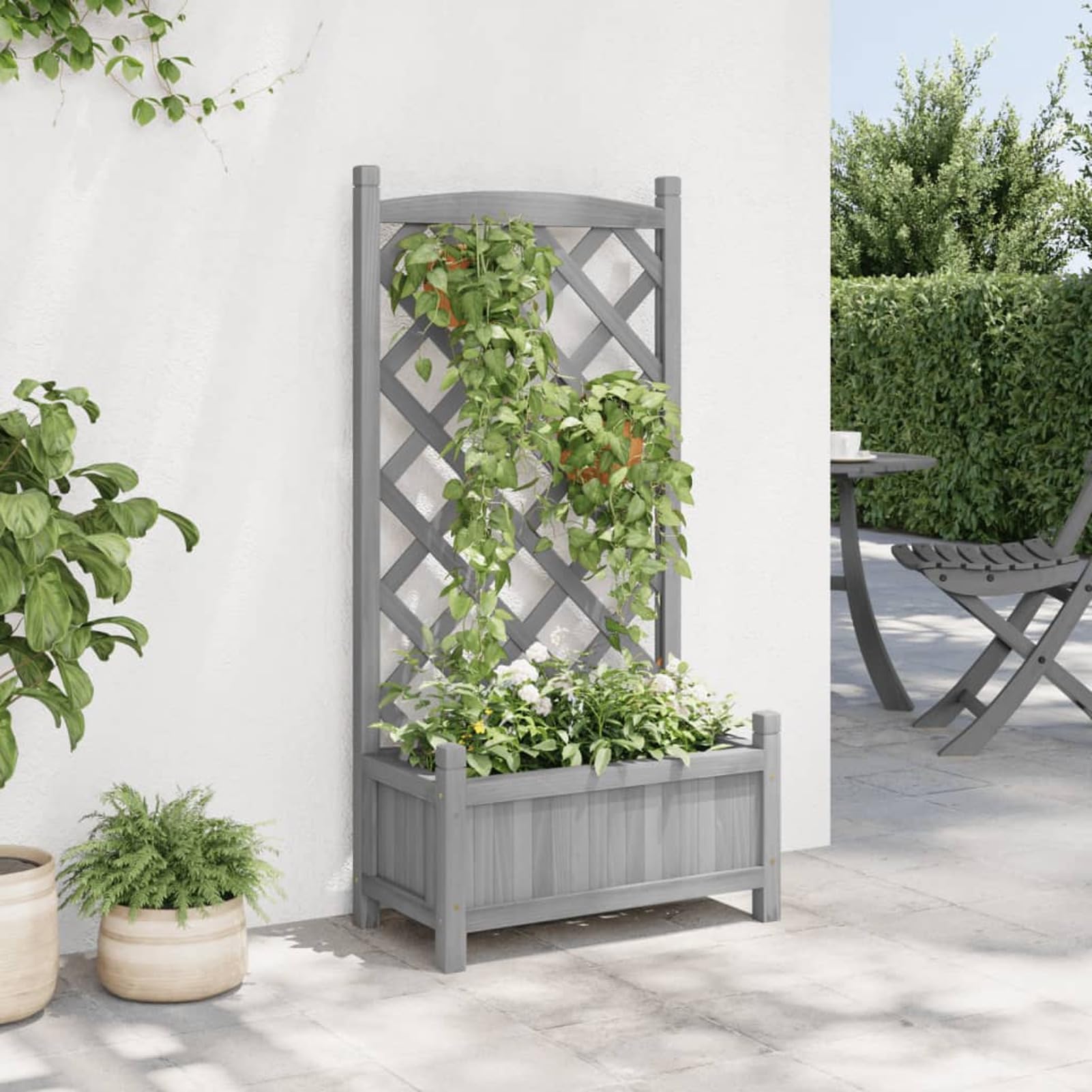 Homgoday Macetero con celosía gris de madera maciza de abeto, jardinera con rejilla para jardín, jardinera de exterior, jardinera balcón c1