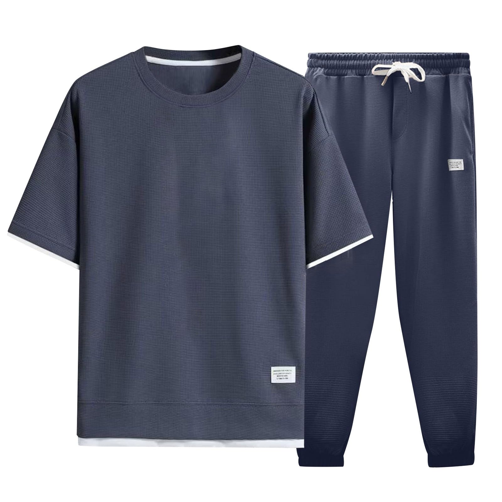 Traje Casual Hombre 2 Piezas Camiseta Oversize de Punto Waffle Pantalones Largos Jogger Cómodos Conjunto de Verano para Hombre Moderno — view 5
