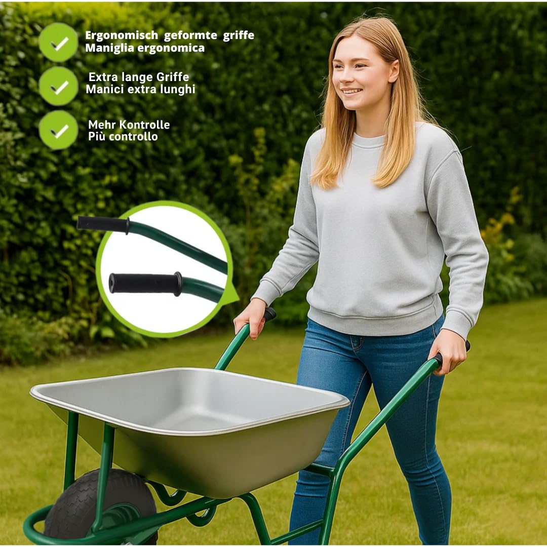 Brouette de Jardin 75L - Cadre en Acier galvanisé, Roue pneumatique 4.00-8 avec Chambre à air, Charge 100 kg - Idéal pour Chantier, pelouse, Ciment