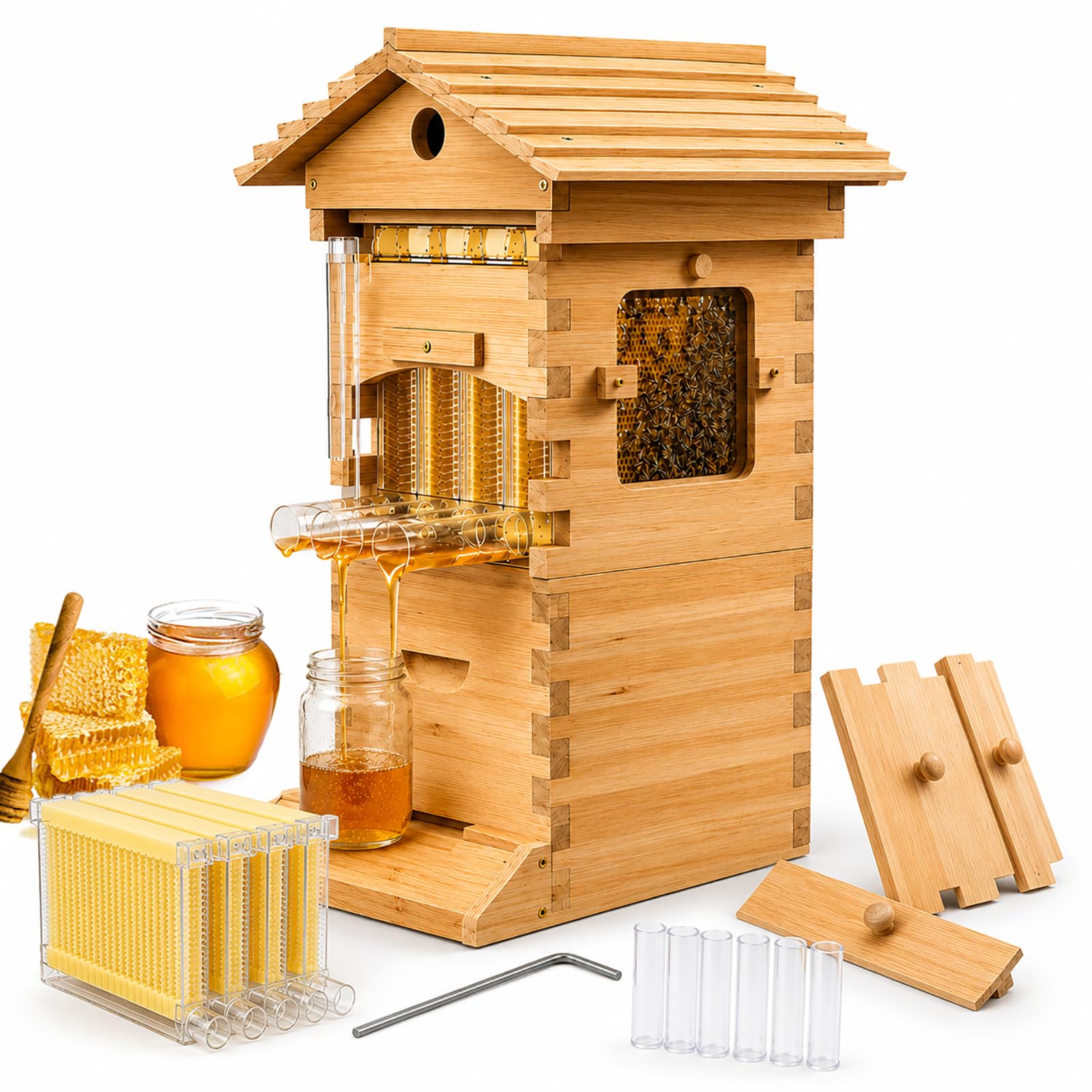 HCAUYNN Flow Hive Beehive Starter Kit with 4 Flow Frames & 6 Brood Frames, Wooden Bee Hive with Observation Window for Beginner Beekeeping