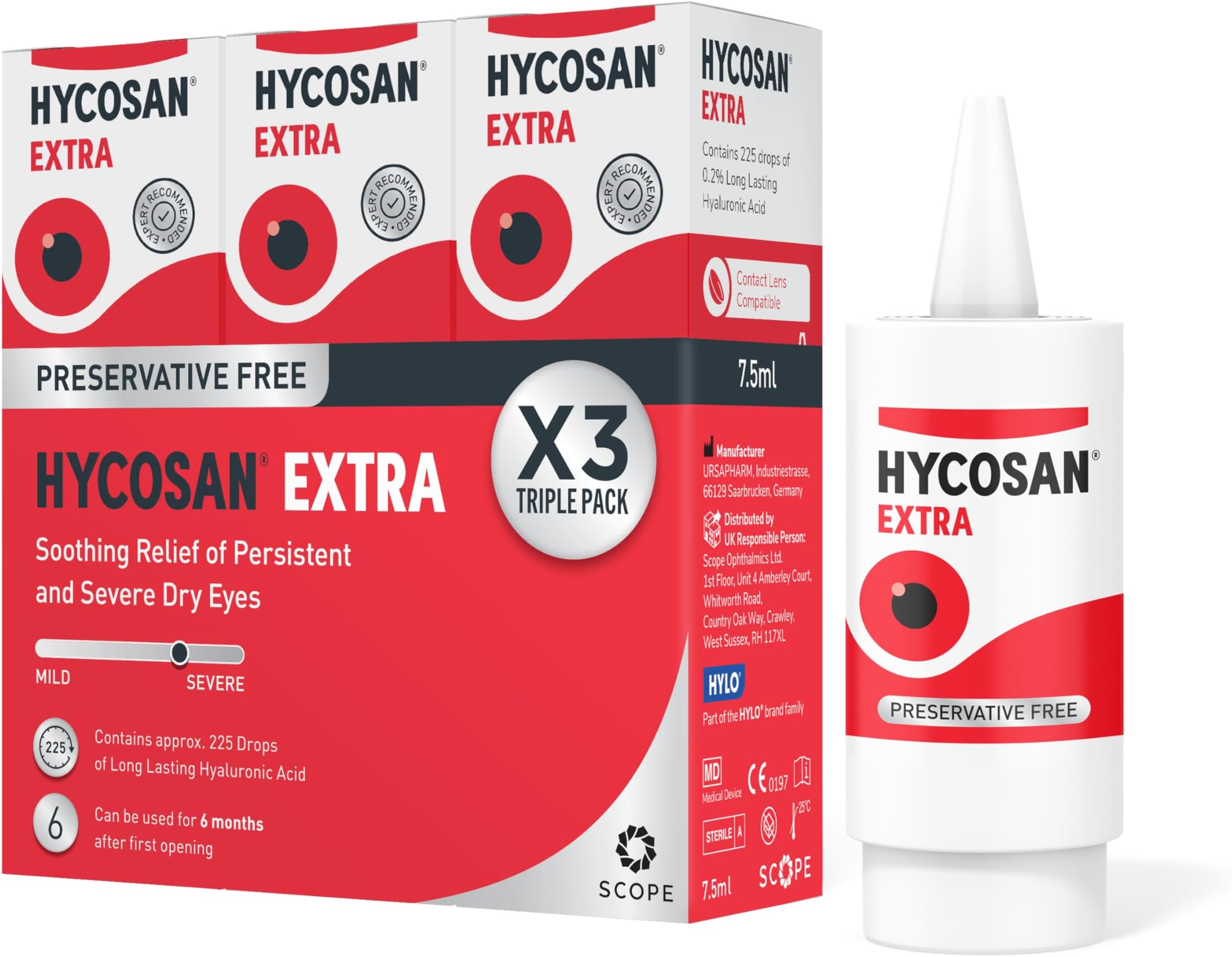 Hycosan Extra - Triple Pack - Eye Drops with Hyaluronic Acid for Soothing Relief of Severe and Persistent Dry Eyes - Contact Lens Compatible - Preservative Free - 3 x 225 Measured Doses