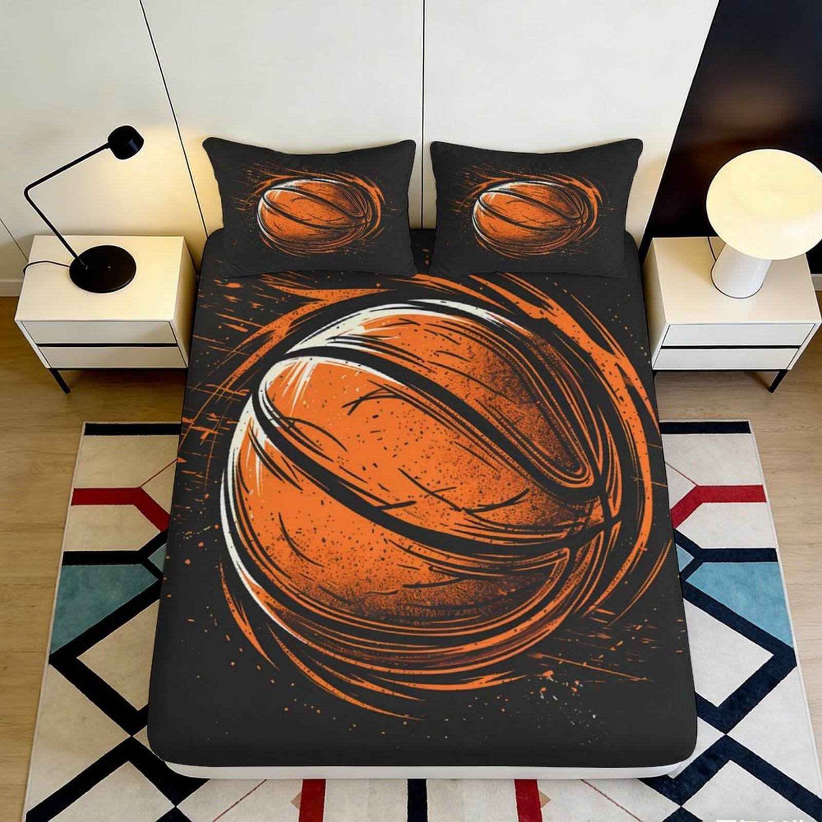 3D Printed Basketball Fitted Sheet Microfiber Durable 3D Printed Sporty Mattress Cover for Bedroom Dorm Dormitory Guest Room Protection Decoration 180x200x25cm