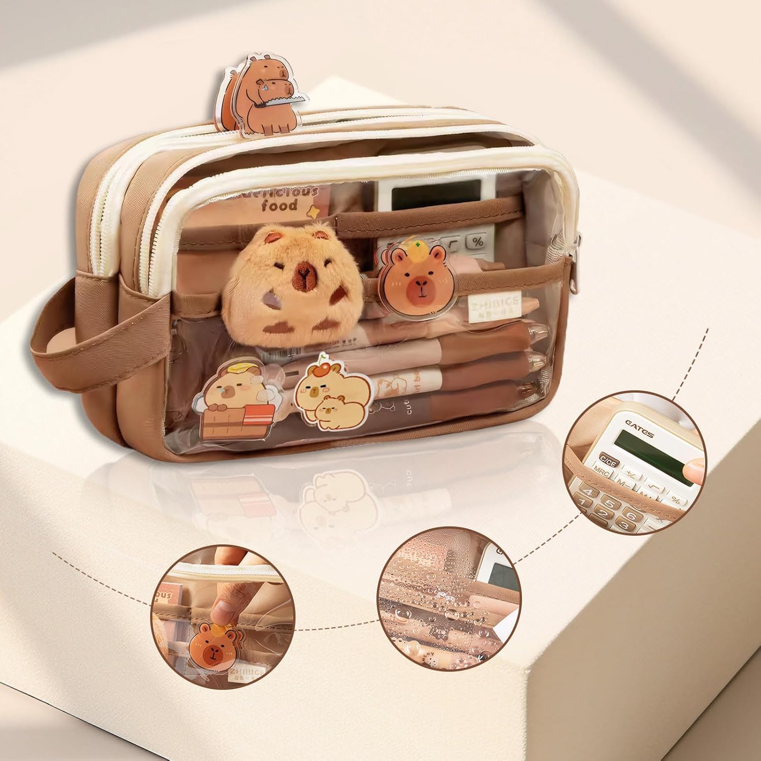 Cute Capybara Pencil Case,Capybara Stationery Comes with 10 Stickers+2 Brooches+Doll*1 Suitable for Storing Stationery 9-Layer Large-Capacity Storage Bag (Brown) - Image 4