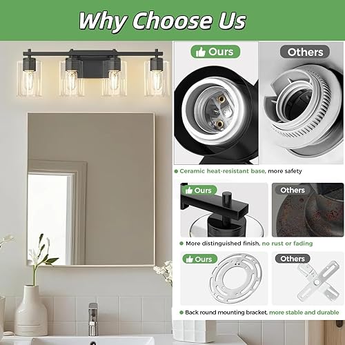 Miniatura 2 de DORESshop Lámpara de tocador de baño de 4 luces sobre el espejo, lámparas de baño negro mate con pantallas de vidrio transparente, luces modernas