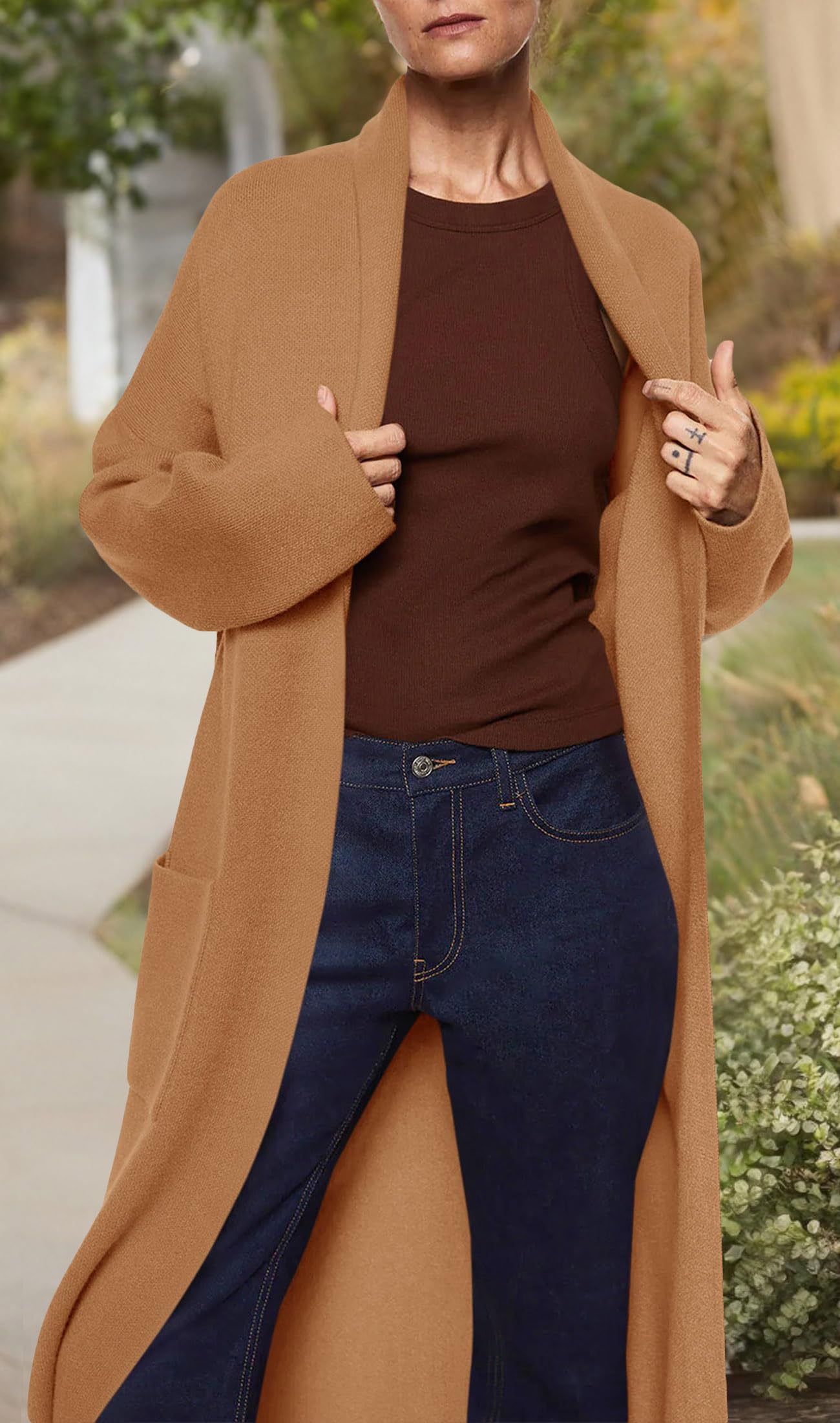 Langärmeliger Maxi-Cardigan für Damen, offene Vorderseite, übergroßer Strickpullover, lässiger Revers, warmer Mantel mit Taschen