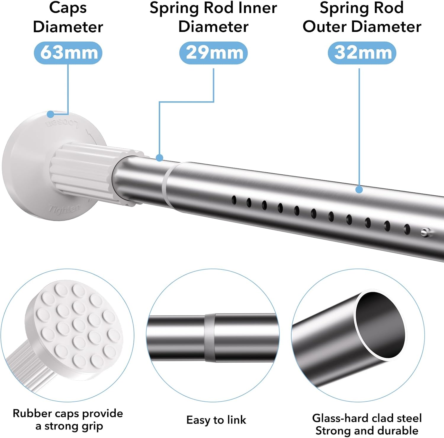 Tension Curtain Rod No Drilling 51–148In(12Ft), Extra Long Outdoor Curtain Rod for Patio Window, Adjustable Heavy Duty Tension Shower Rod for Bathroom Room Divider Rod Diameter 1.26In, Stainless Steel