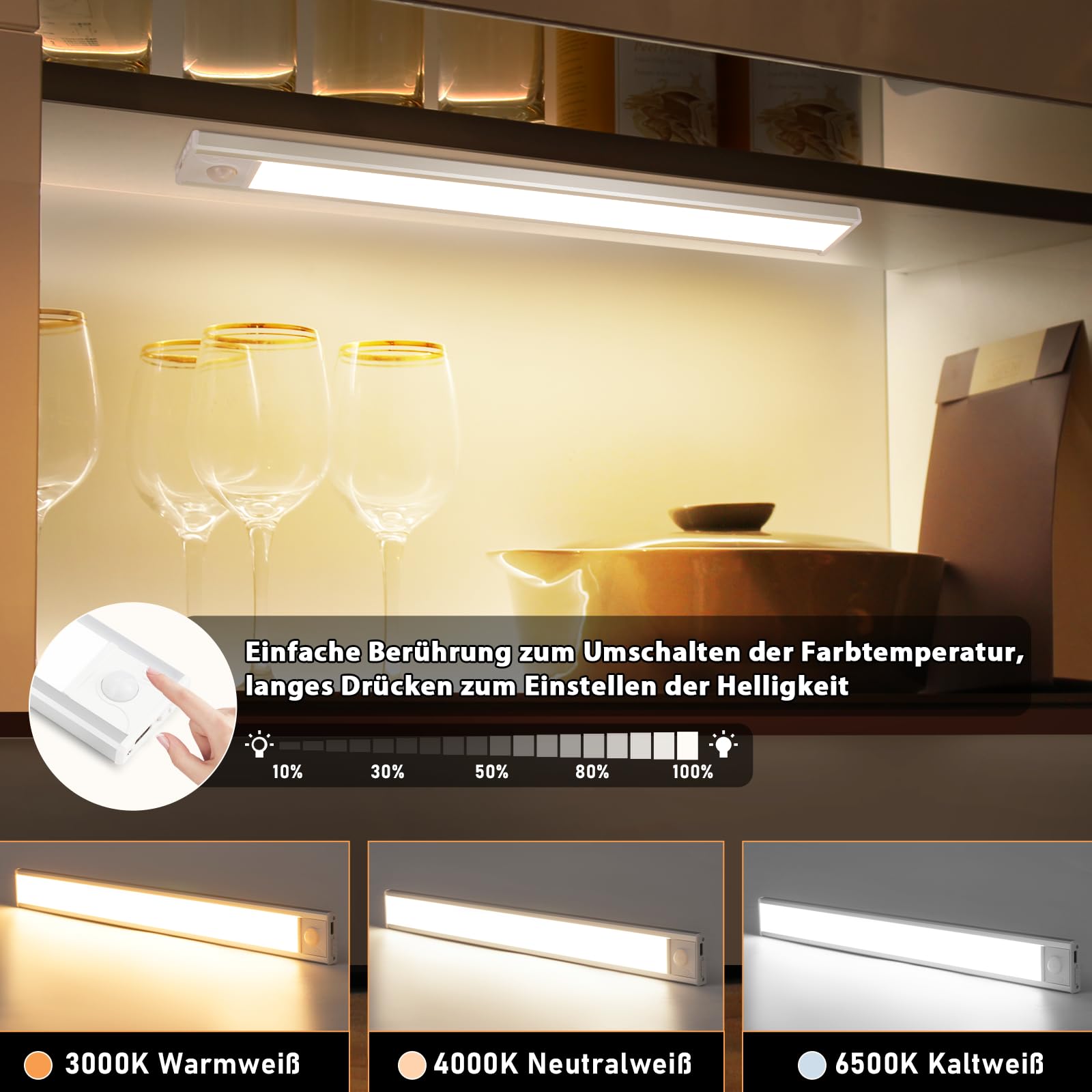 Homefire Unterbauleuchte Küche Led mit Bewegungsmelder 40CM 4 Stück Silber | Schrankbeleuchtung Dimmbar 3 Farbtemperatur Schrankleuchte USB 1500mAh*2 Wiederaufladbar Treppenlicht für Schlafzimmer Flur