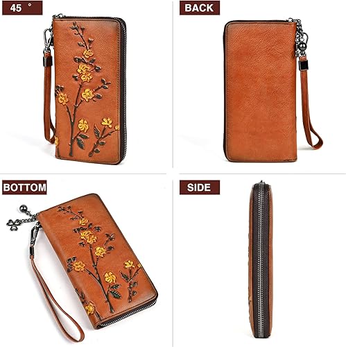 Miniatura 5 de Cartera de cuero con cremallera para mujer, estilo vintage, monedero de flores para mujer, Marrón, Estilo retro