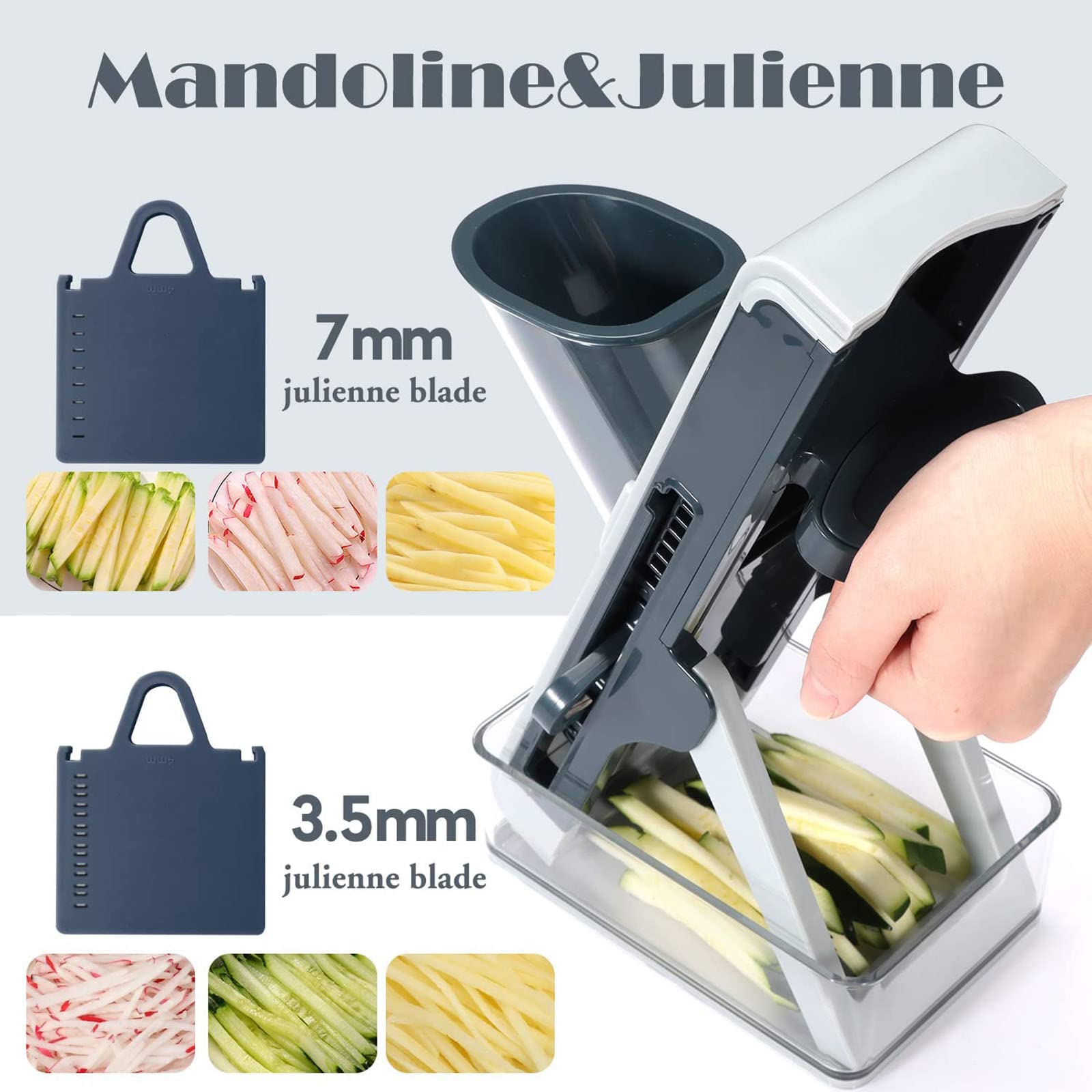 Affettatrice Mandolina Sicura per Cucina, Tritaverdure 4 in 1 Strisce Affettatrici Alimentari Regolabili Julienne Dicer Gadget Verticale per Patate, Cipolle, Cetrioli, Carote, Carne, Formaggio,Blu
