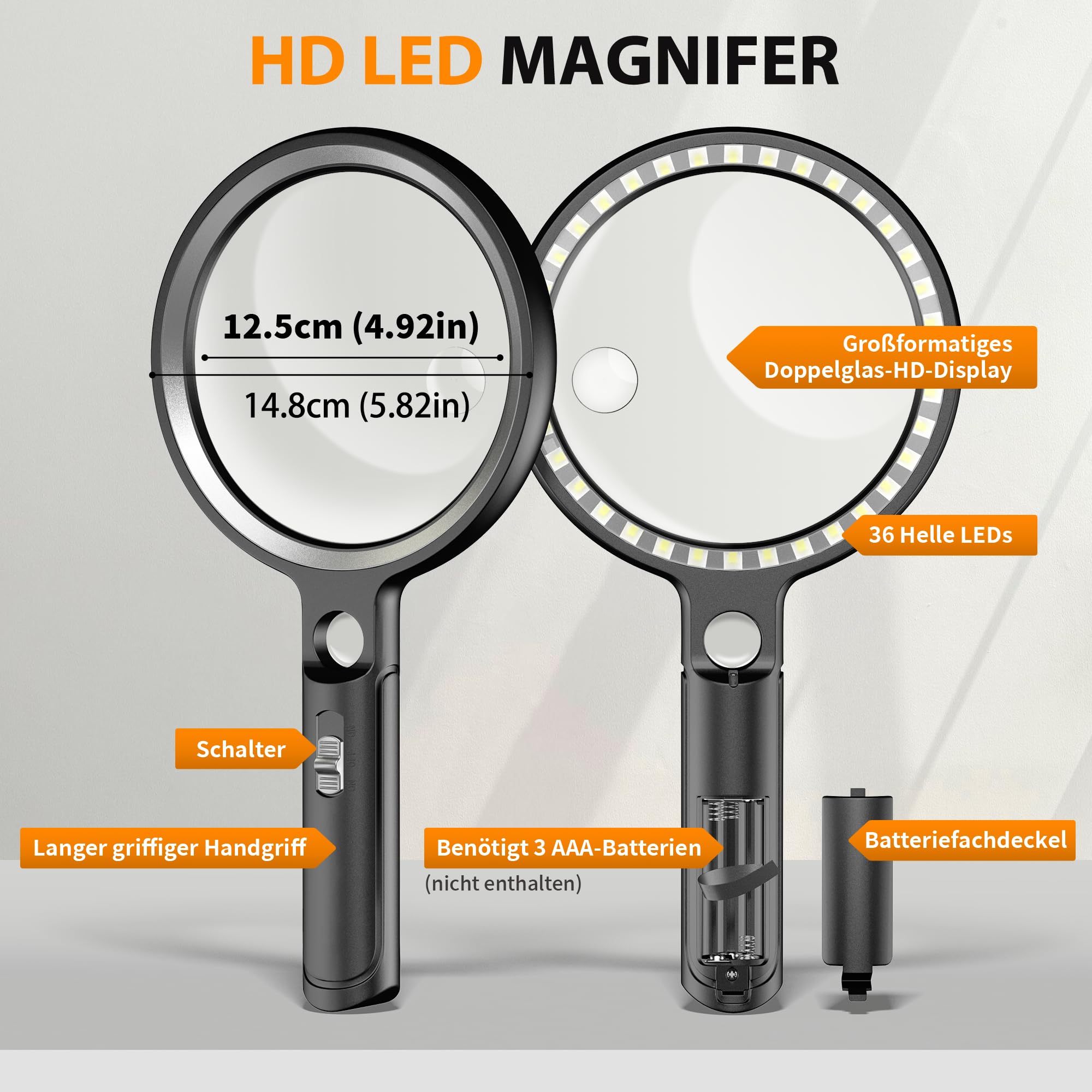 CNARIO Lupe mit 36 LEDs, 10X 20X 45X Leselupe & UV-Licht, 12.5cm Extra Große Handlupe Batteriebetrieben, Vergrößerungsglas für Senioren, Lesen, Münzen, Schmuck. Premium Geschenkbox, Schwarz