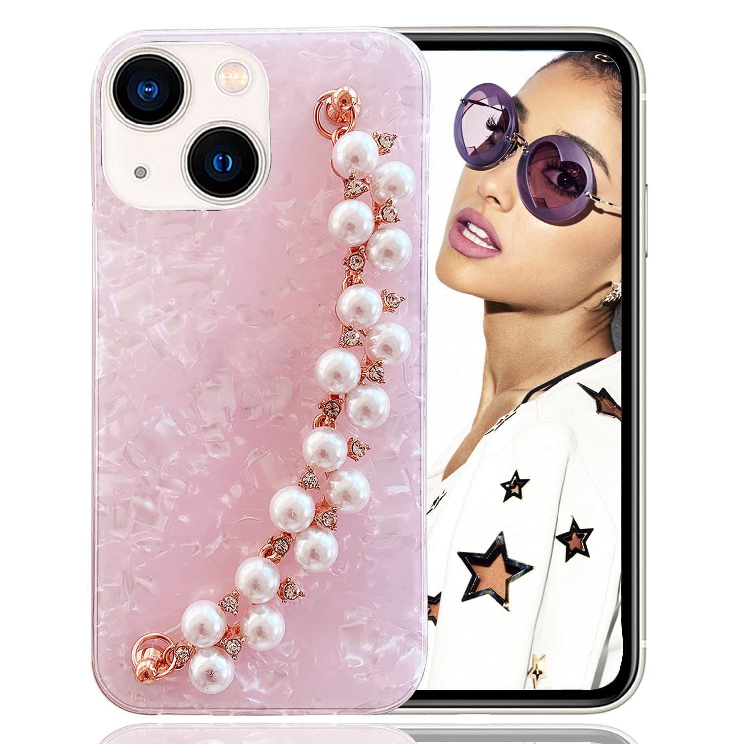 KC Back Cover for Apple iPhone 13, Cute Luxury Shiny Pearls Wrist Bracelet Chain Holder Soft Silicone Marble Shell Case (Pink) (B09QCLHD3P) Amazon Price History, Amazon Price Tracker