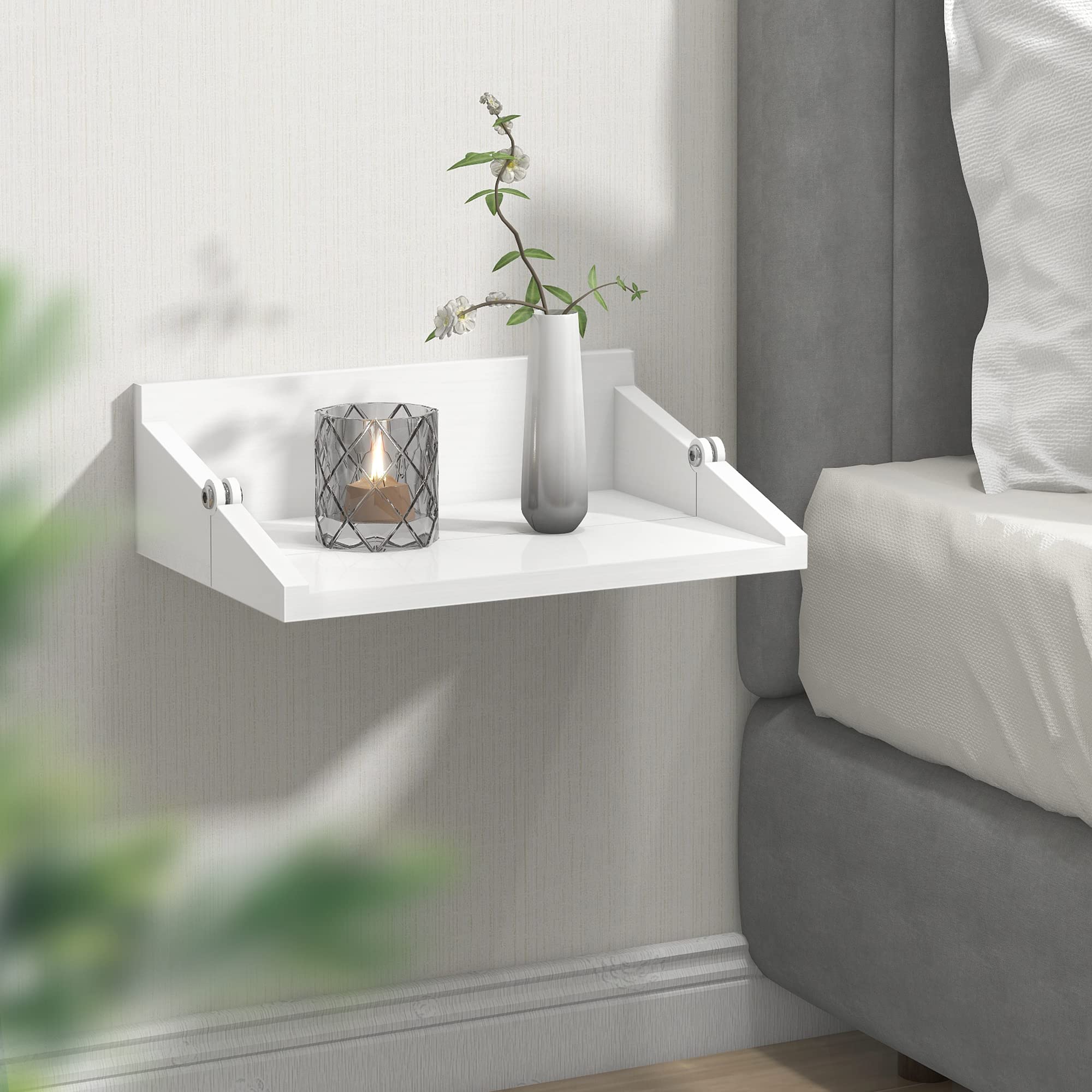 SUMGAR White Floating Nightstand Bedside Table Small Wall-Mounted Pine Wood Modern Foldable Shelves Slim Thin Storage Display Furniture for Bedroom Living Room Home Decor 32x12x10cm