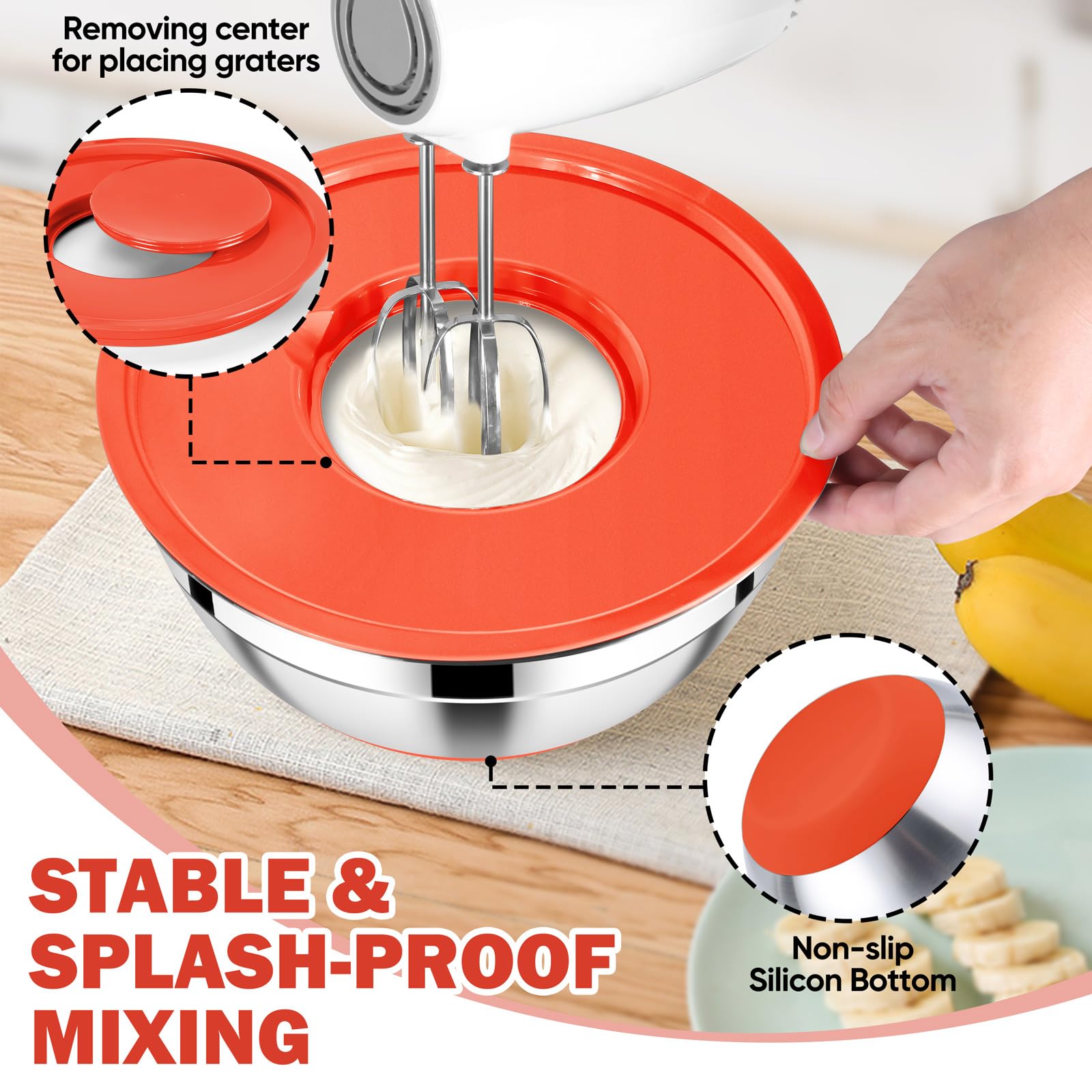 E-far Juego de cuencos para mezclar con tapa, 25 cuencos de acero inoxidable con accesorios de rallador, parte inferior antideslizante para cocinar, hornear, servir, almacenamiento de alimentos,