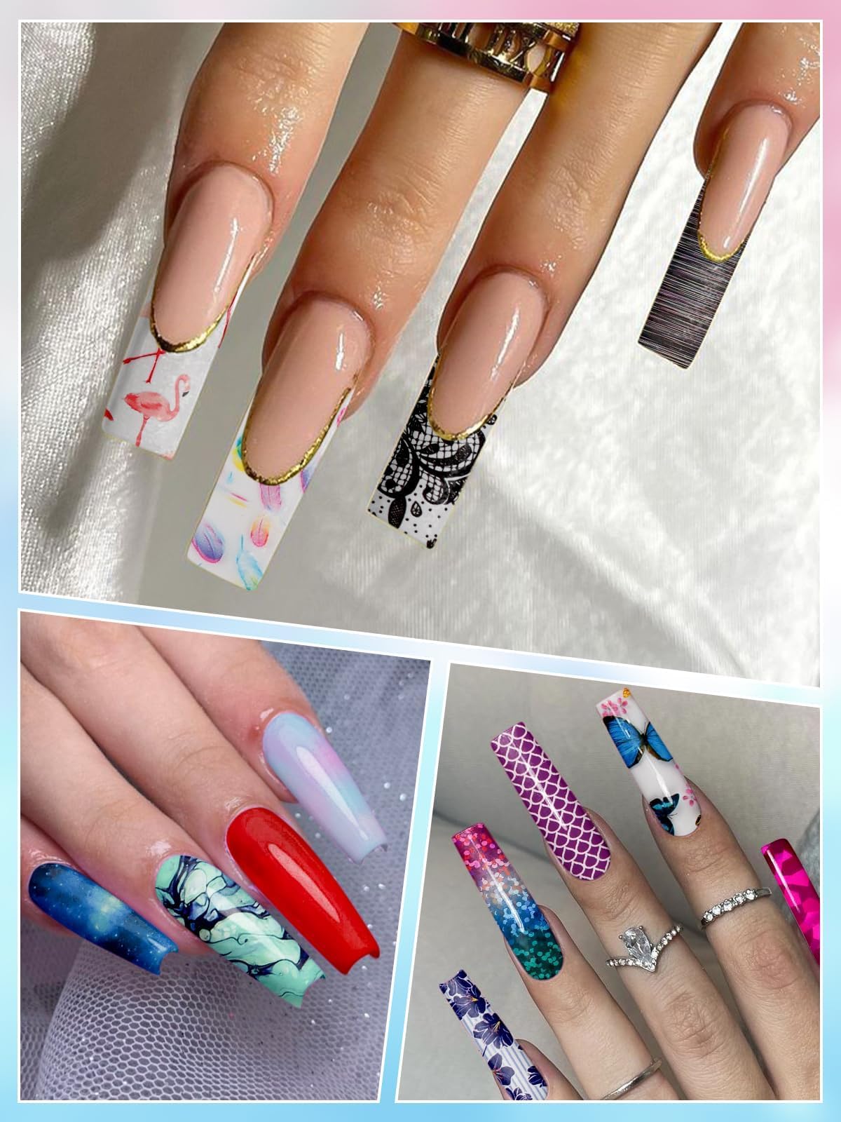 EBANKU Set di colla e gel per nail art, 30 ml di colla per unghie con 80 adesivi transfer a forma di fiore, farfalla e pizzo classico per manicure fai da te o salone, lampada UV LED necessaria