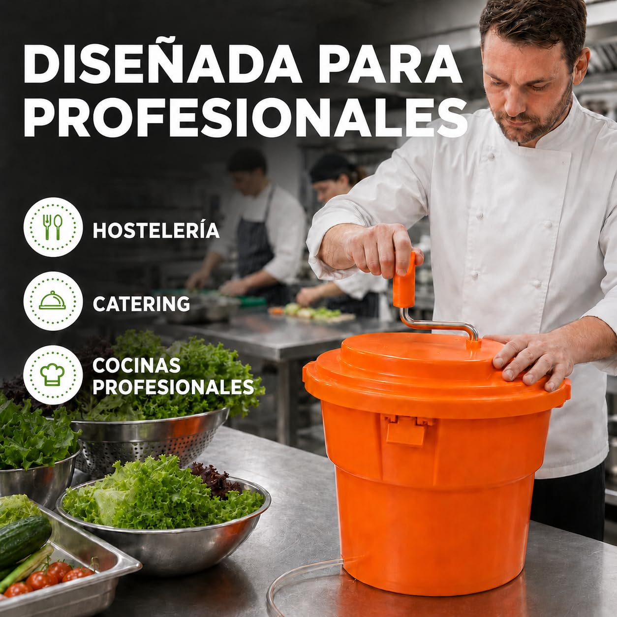 Centrífuga para Lechuga 25 litros, plástico Naranja, Ø 44 cm con Eje de transmisión Protegido, función de empaquetado y Manguera de desagüe, gastronomía, restaurantes escurridor de Ensalada