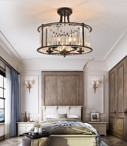 Miniatura 6 de 5-Light Black Semi Flush Mount Crystal Chandelier Metal Modern Ceiling Light Fixture Lighting for Living Room Dining Room Kitchen Bedroom Foyer